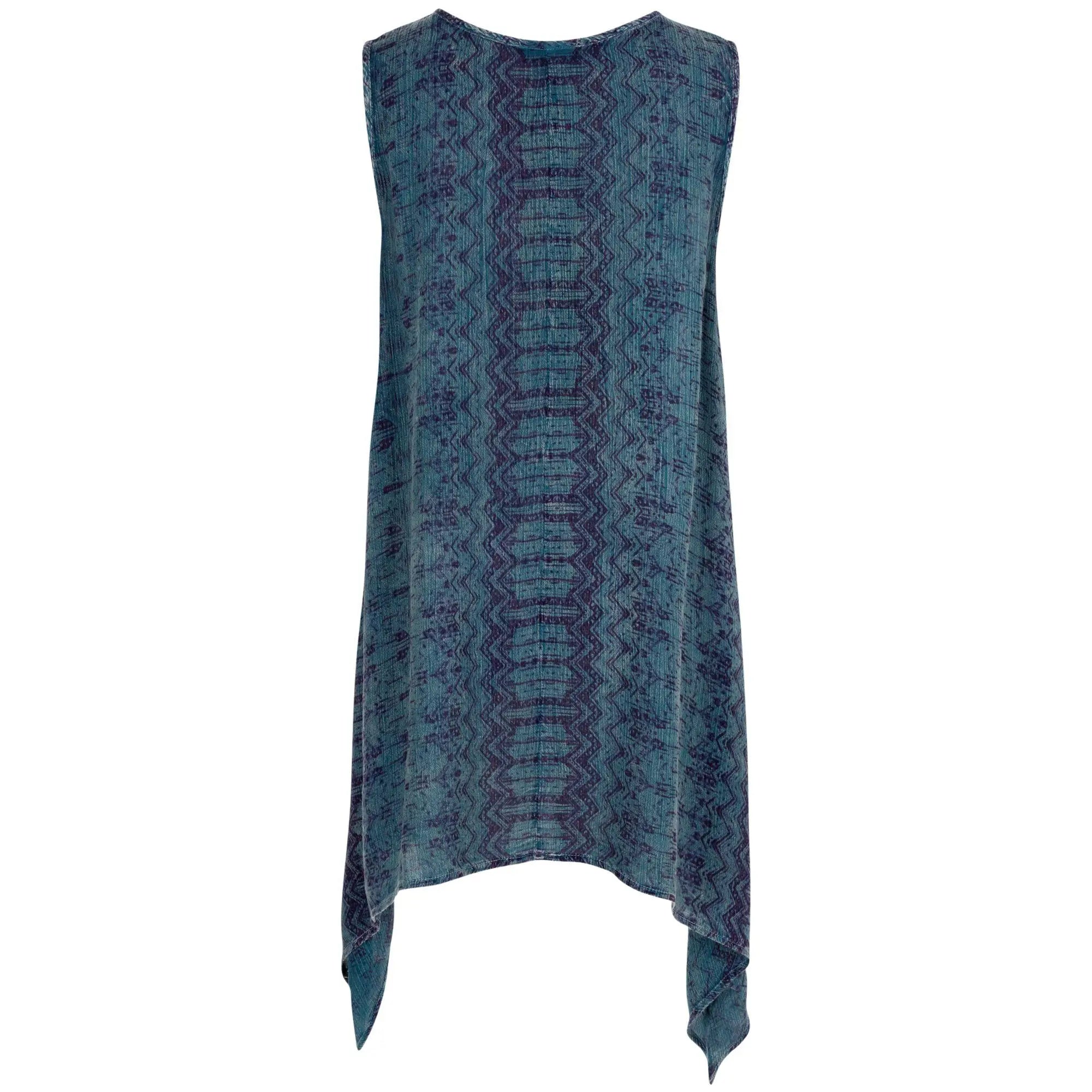 Center Lane embroidered sleeveless tunic dress in textured teal fabric with darker purple geometric patterns