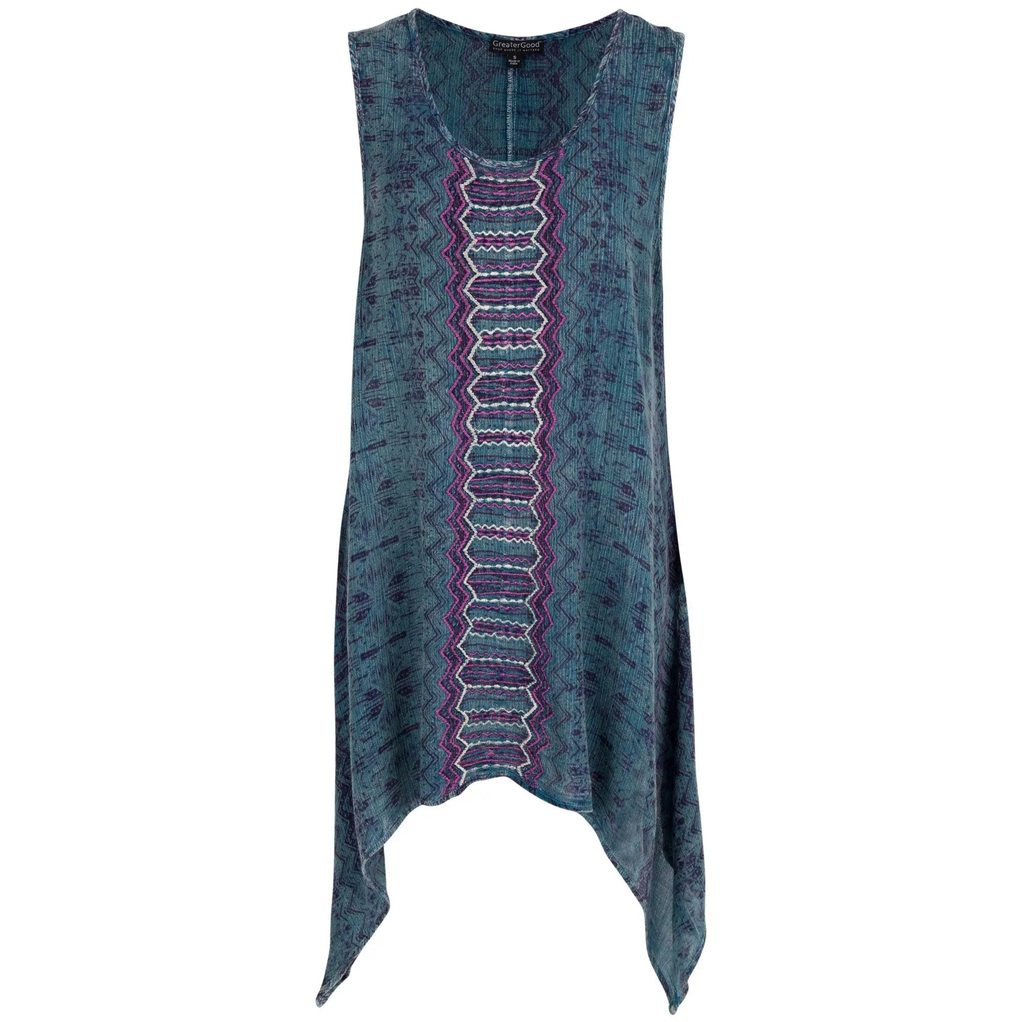 Teal sleeveless tunic dress with central embroidered panel in purple white and green geometric patterns Center Lane Embroidered Sleeveless Tunic