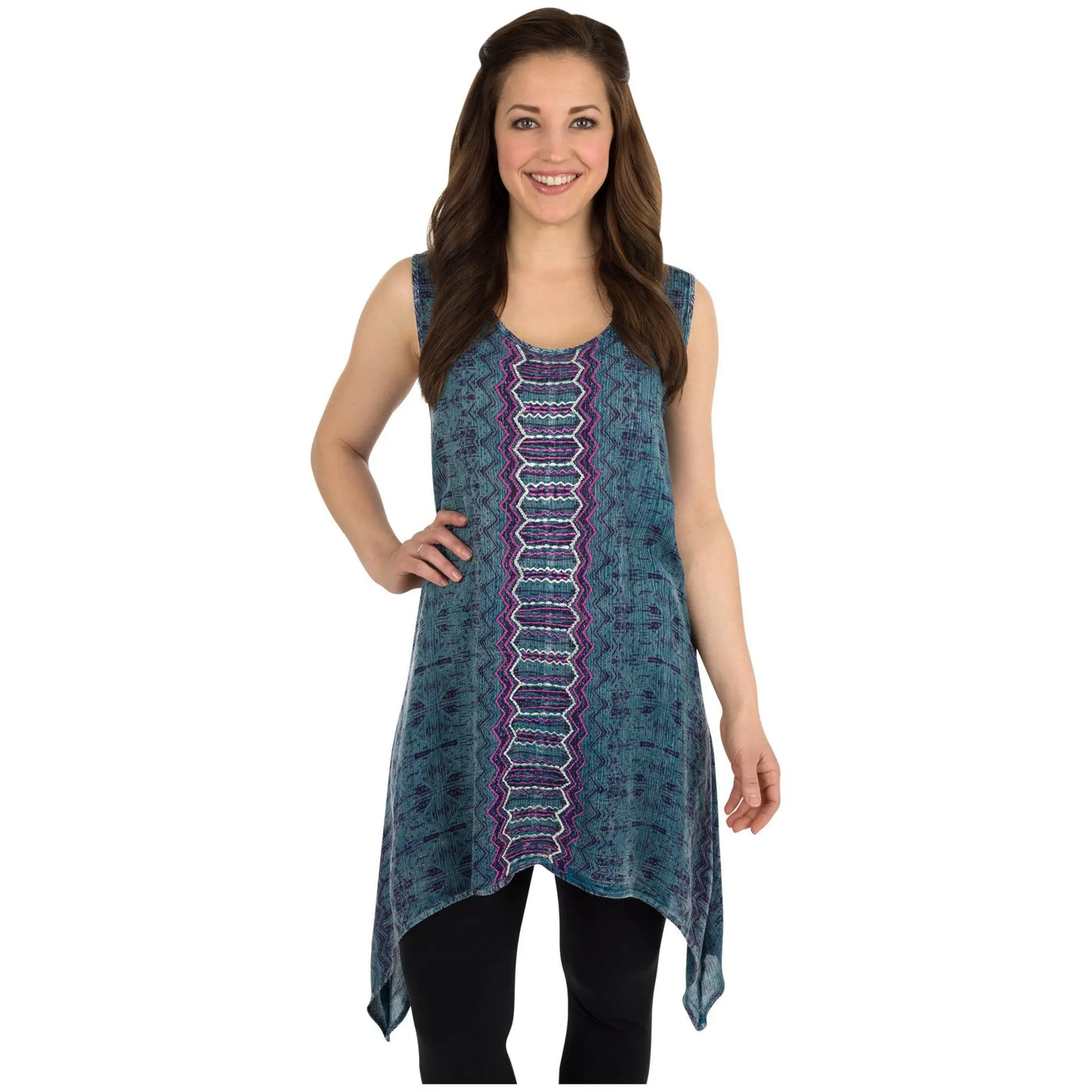 A teal sleeveless tunic with a vibrant purple and white embroidered vertical stripe down the front center lane design