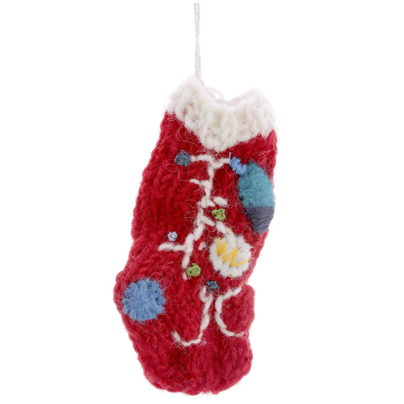 Red felt christmas lights stocking ornament with white knitted cuff and embroidered colorful festive design