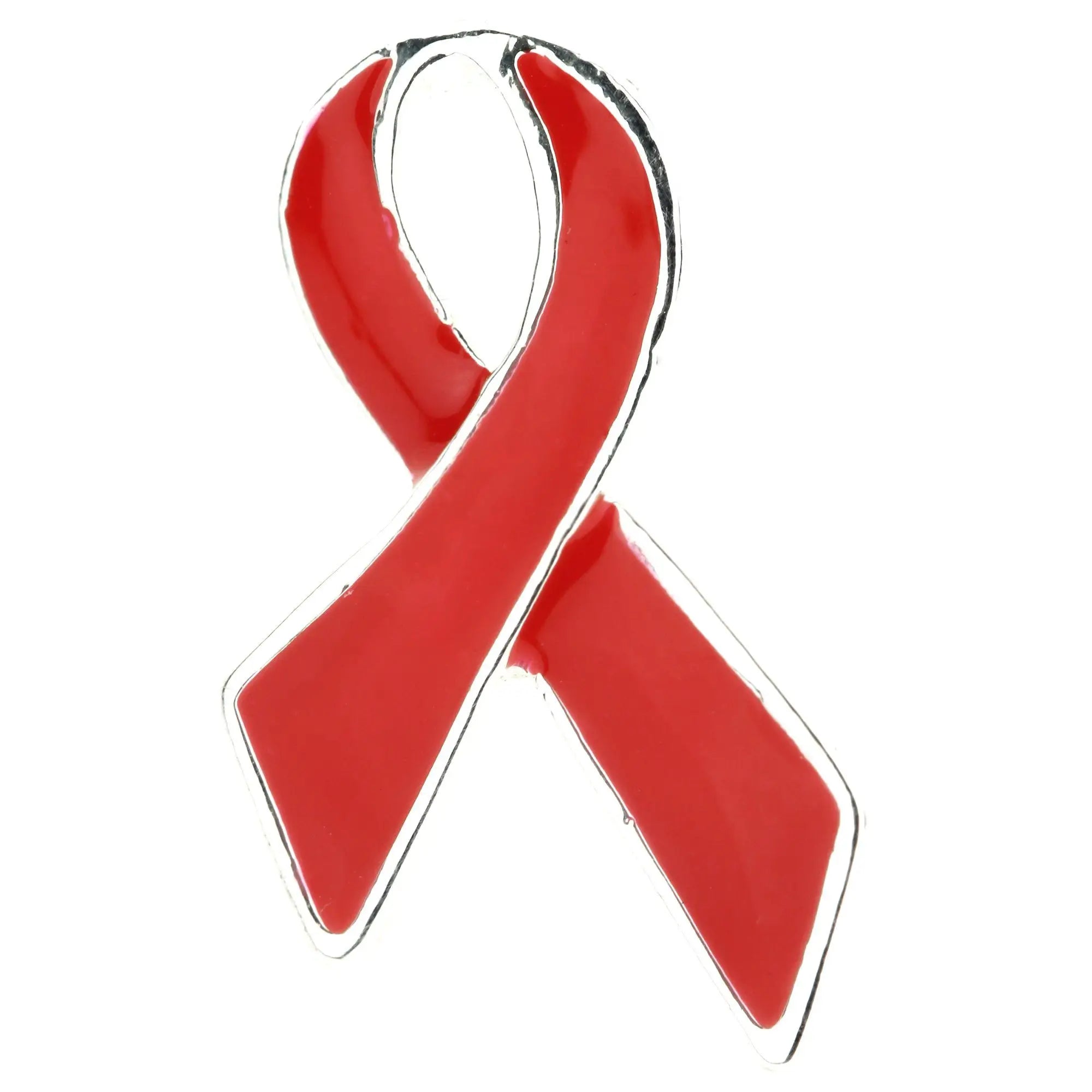 Classic red ribbon lapel pin with shiny enamel finish and silver metallic outline for stylish wear