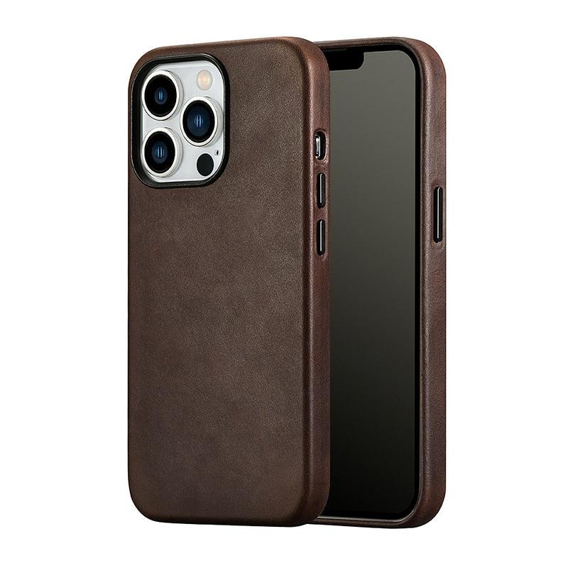 Classic Simple Brown Black Shockproof Drop Proof Phone Case Protective Genuine Leather Case for iPhone 13 Pro Max Business Case for iPhone 13 Mini Classic Magnetic Charging Phone Back Cover