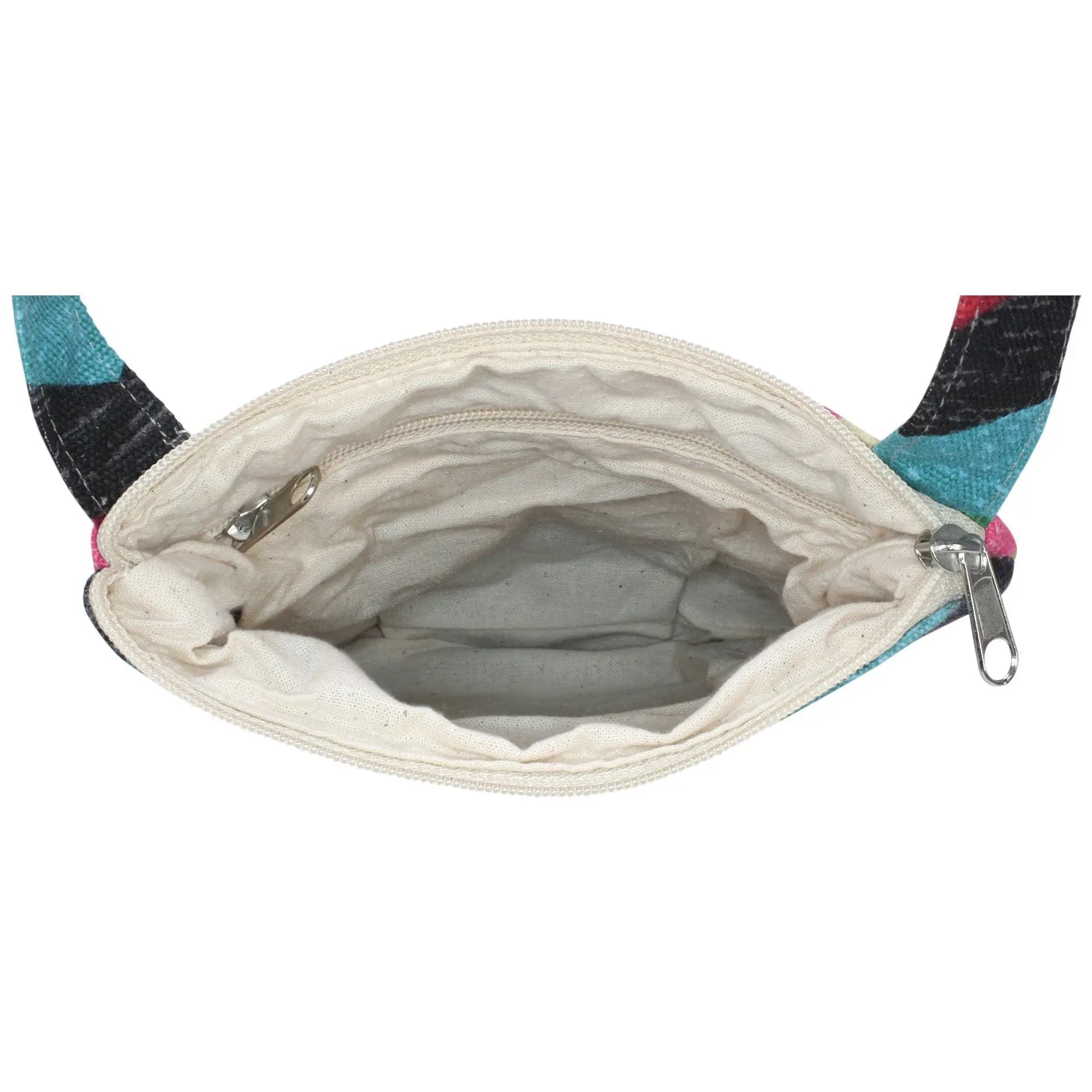 Clever chevron sling colorful patchwork handbag with teal black and pink textured fabric sections