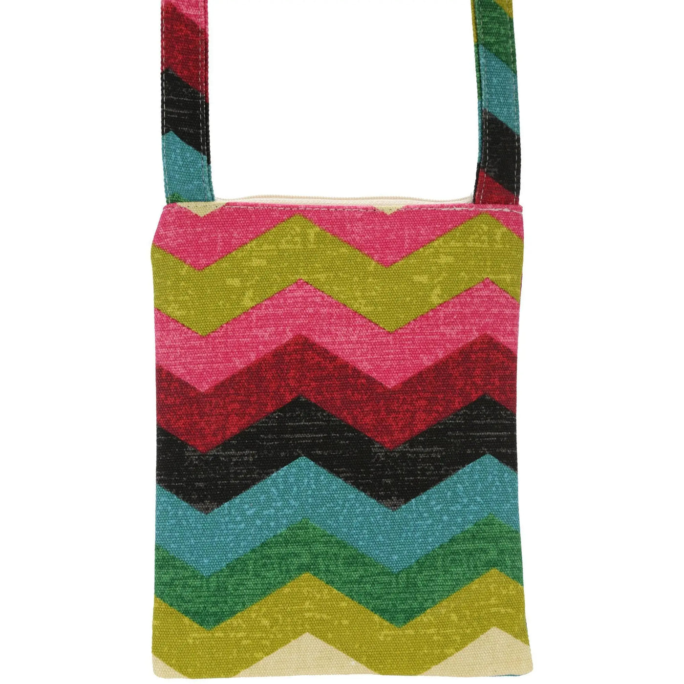 A vibrant fabric crossbody bag with a bold pink green red black and teal zigzag pattern called clever chevron sling