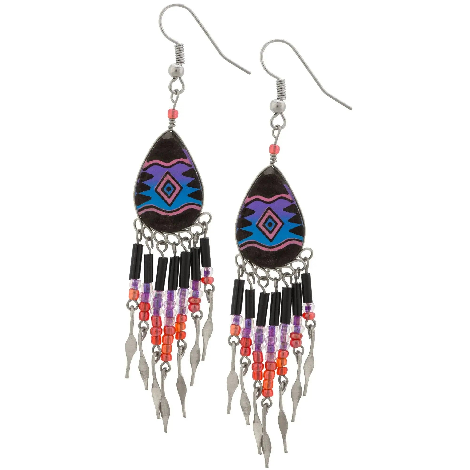 Colorful ceramic teardrop chandelier earrings with dark brown base, purple blue geometric patterns, and dangling beads