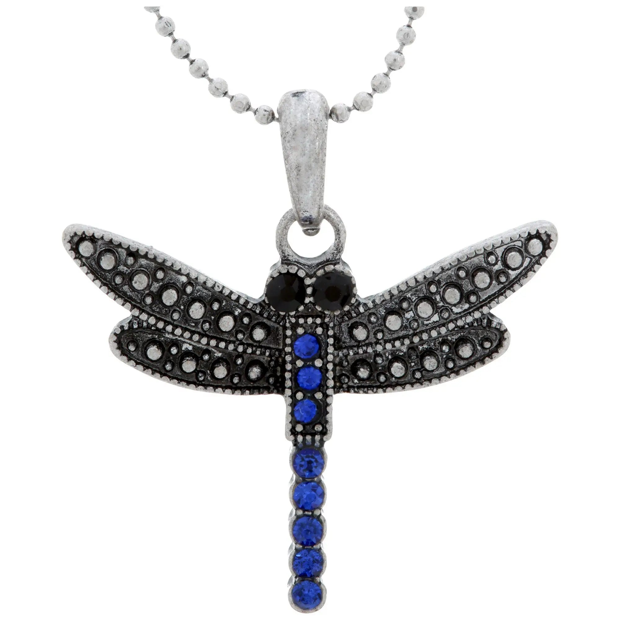Silver dragonfly pendant necklace with black and blue rhinestones from the Colors of Life collection