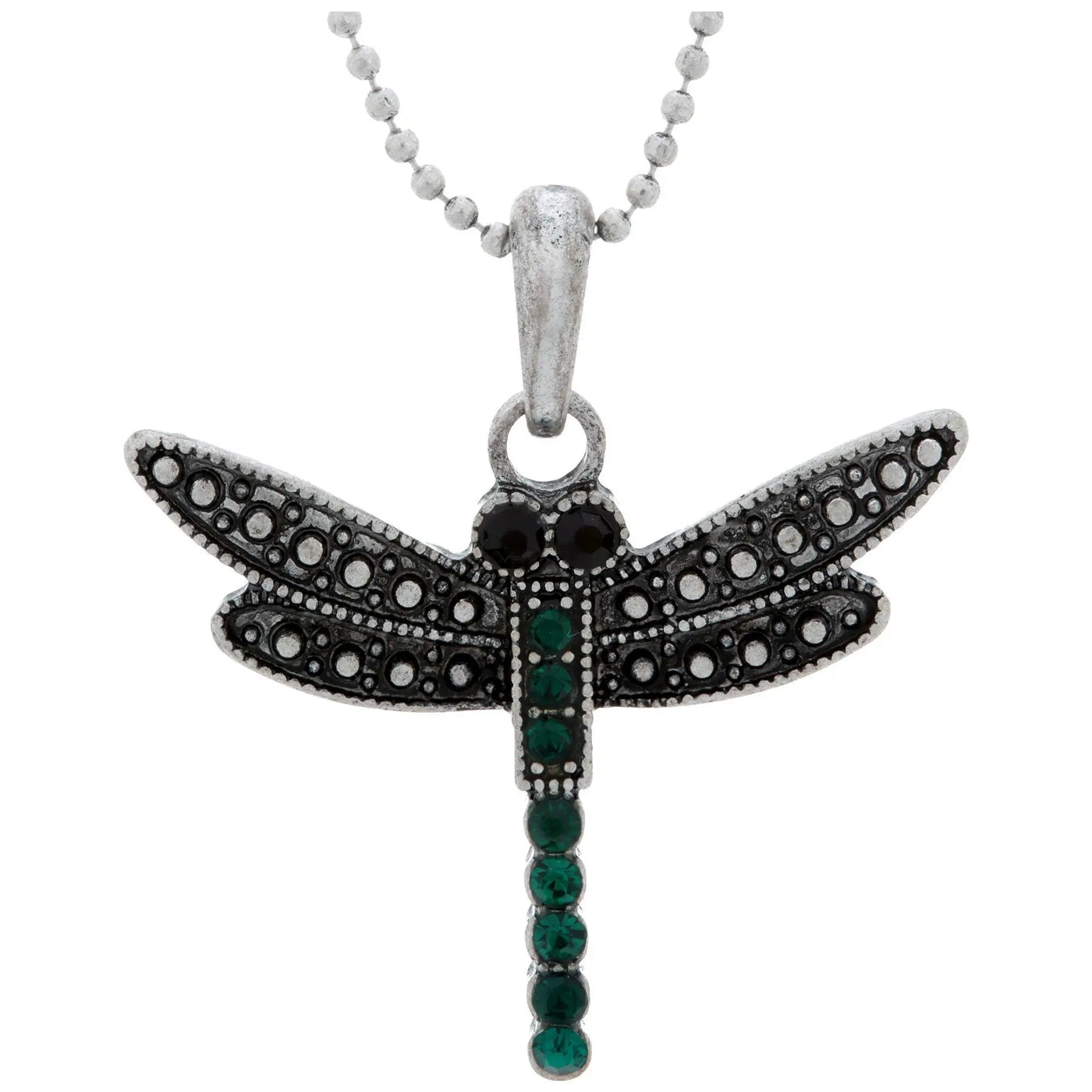 Silver dragonfly pendant necklace with black and green gemstone details from Colors of Life collection