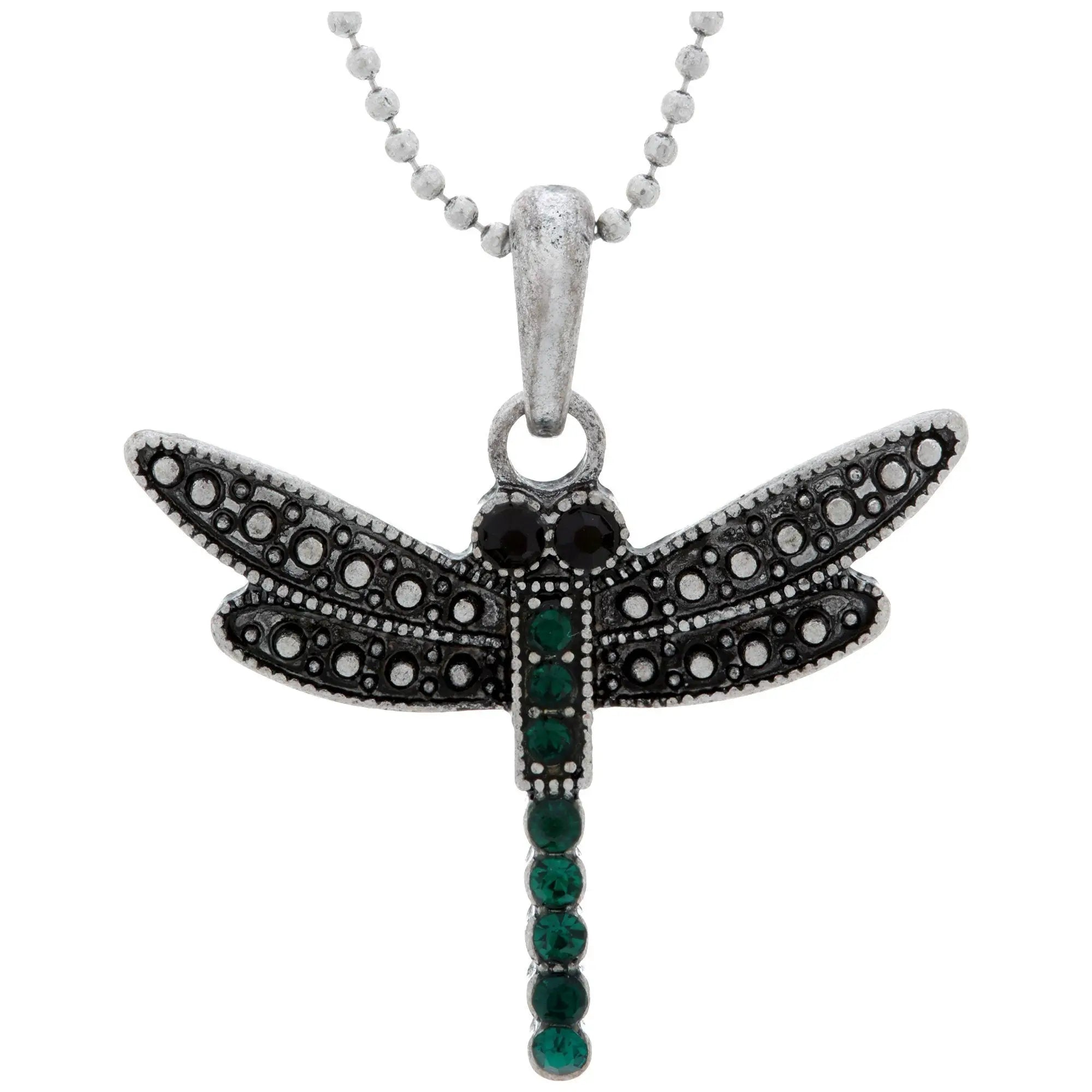 Silver dragonfly pendant necklace with black and green gemstone details from Colors of Life collection