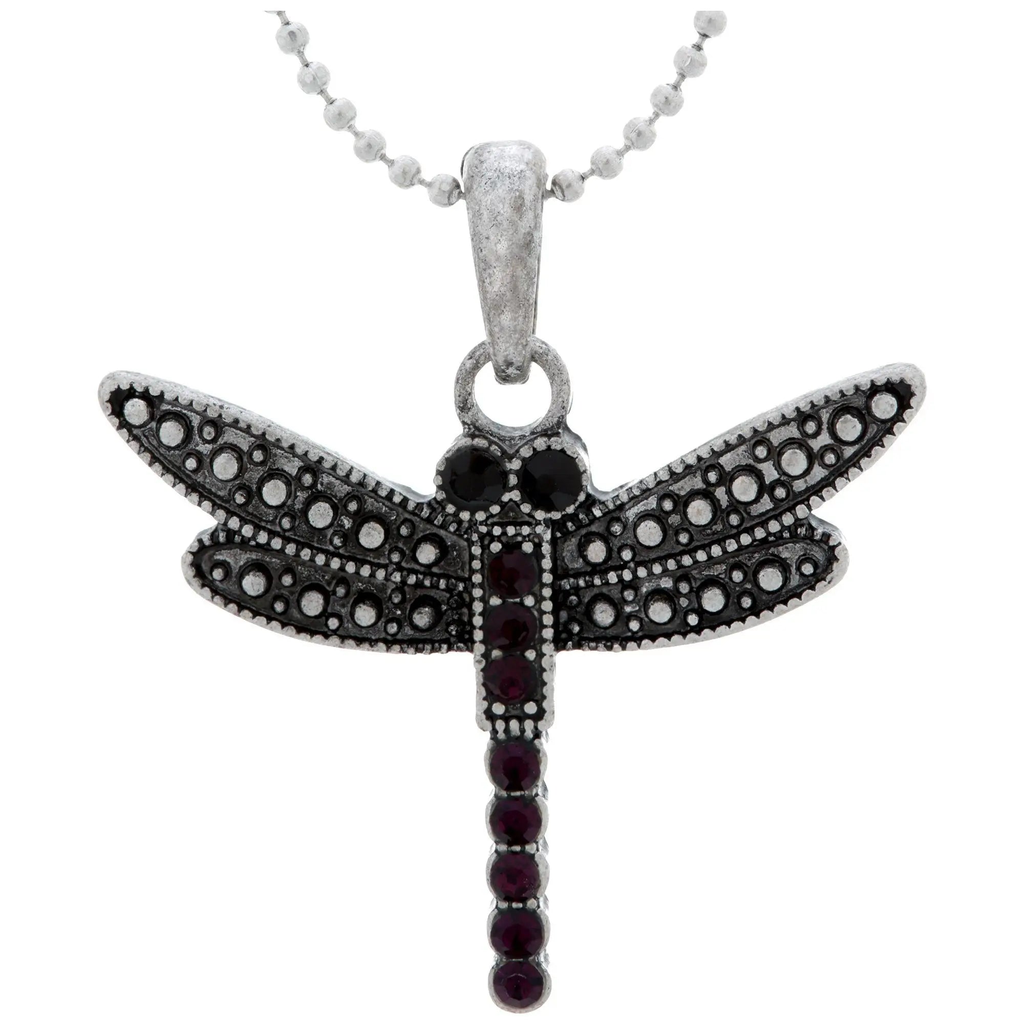 Silver dragonfly pendant necklace with black and deep red gemstone accents from Colors of Life collection