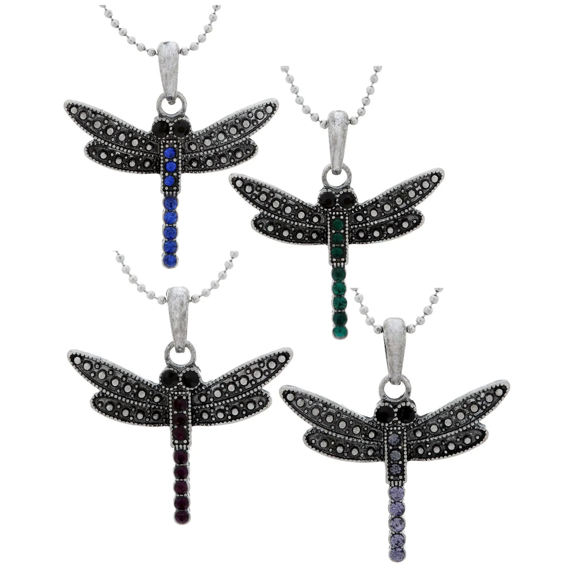Silver dragonfly necklace with black and colored gemstone accents on ball chain from colors of life collection