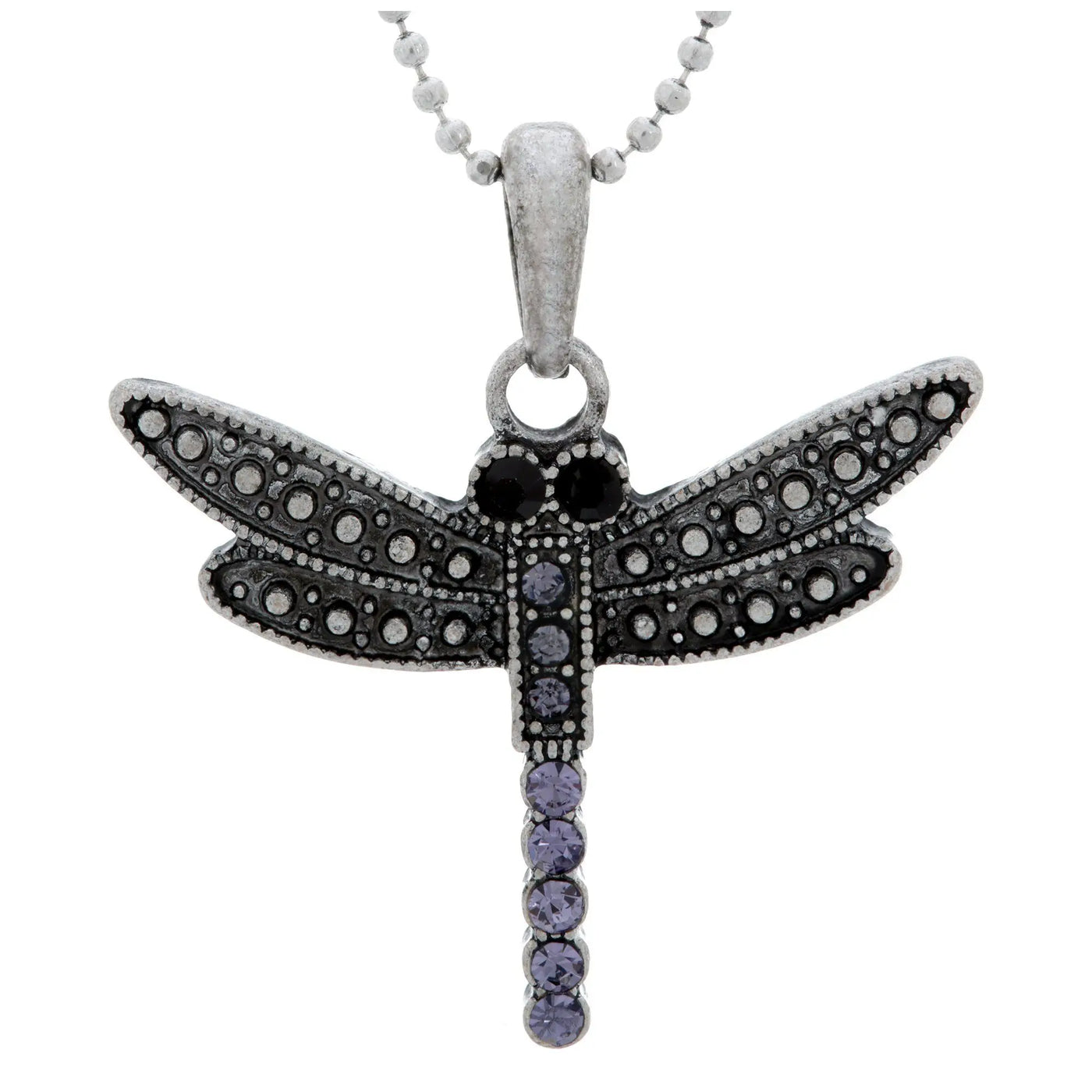 Silver dragonfly pendant necklace with black and purple gemstone details from Colors of Life collection