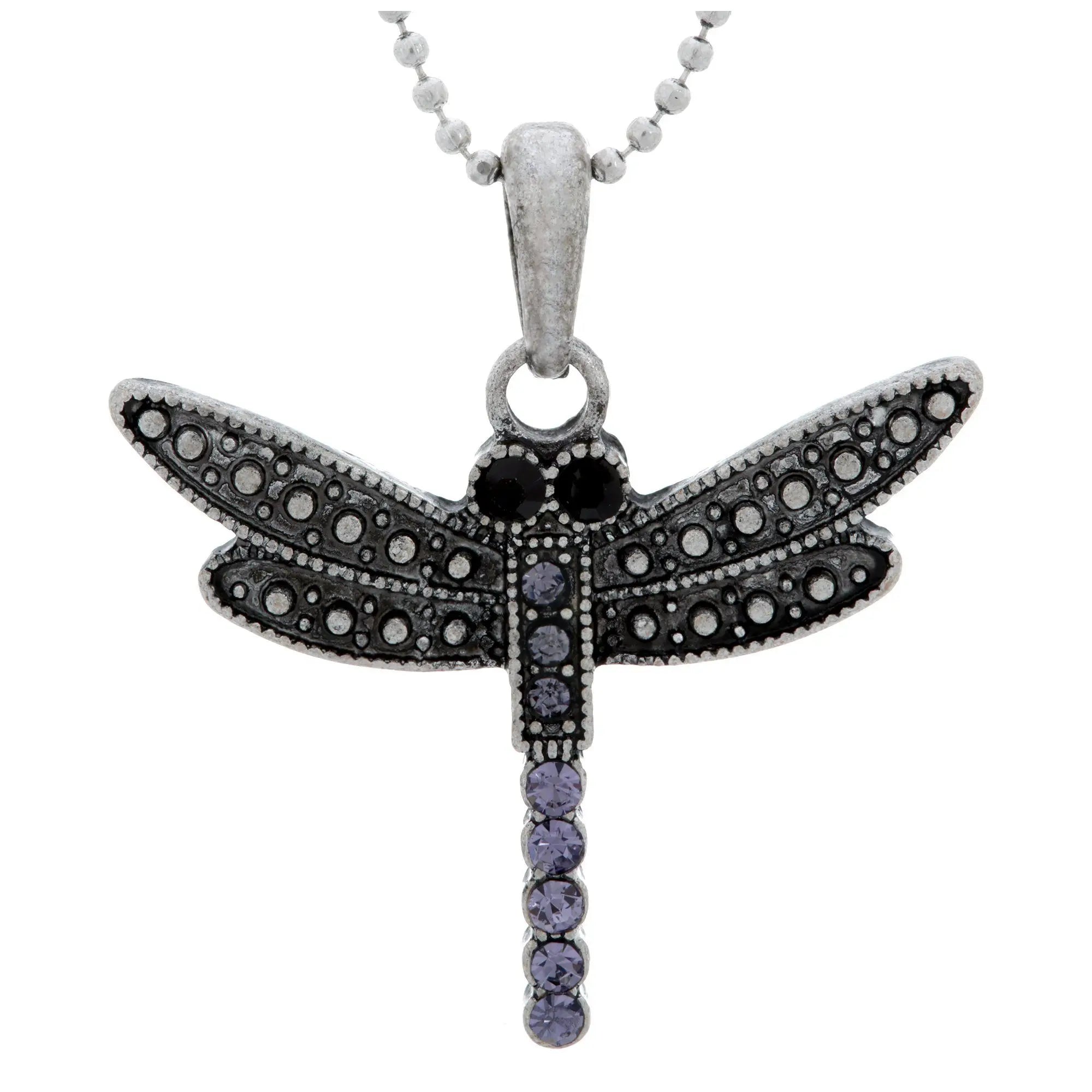 Silver dragonfly pendant necklace with black and purple gemstone details from Colors of Life collection