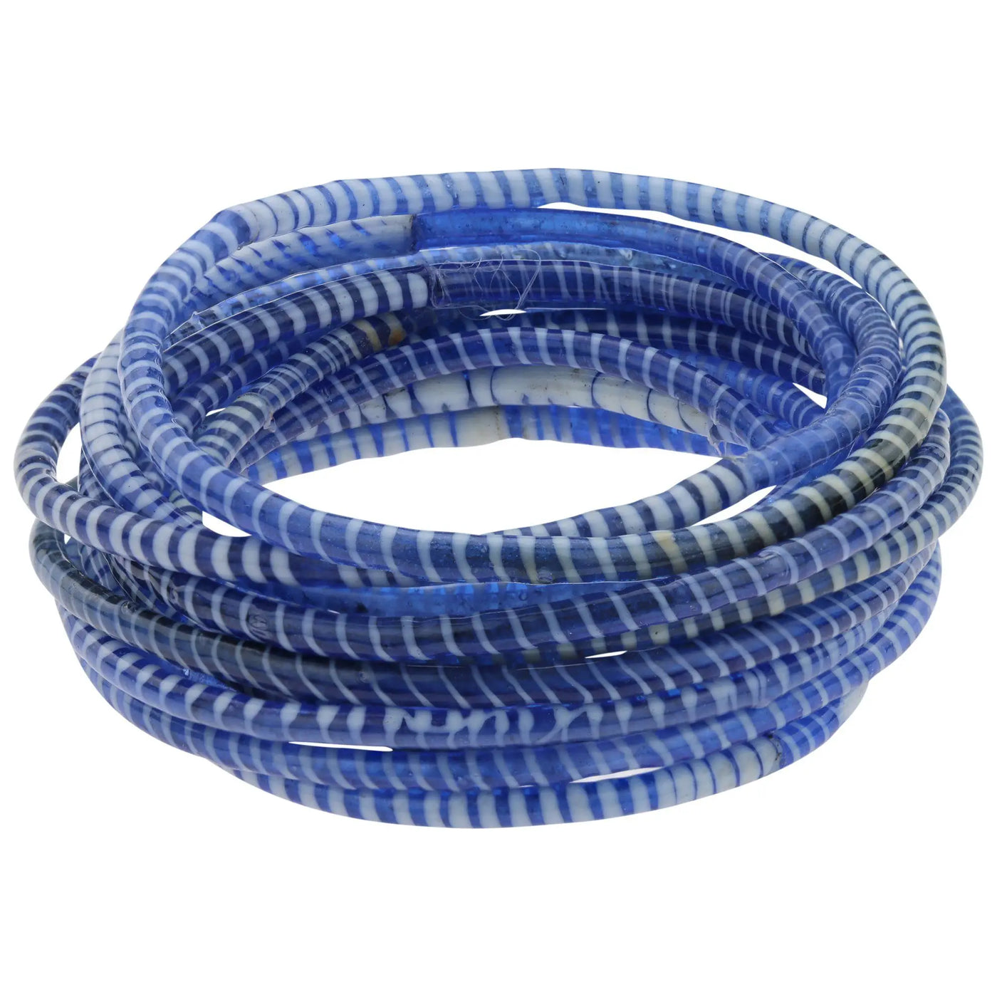 Coiled blue and white striped glass beads on colors of mali recycled bracelet made from recycled materials