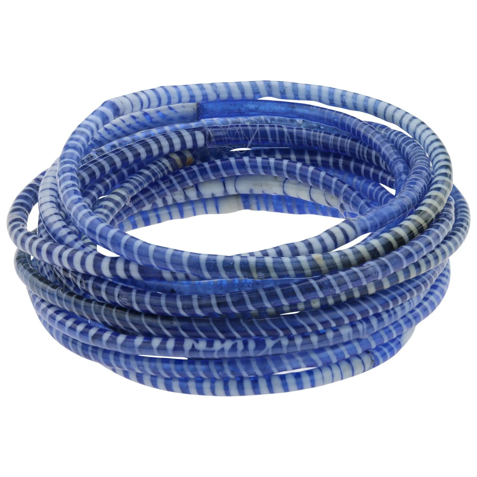 Coiled blue and white striped glass beads on colors of mali recycled bracelet made from recycled materials