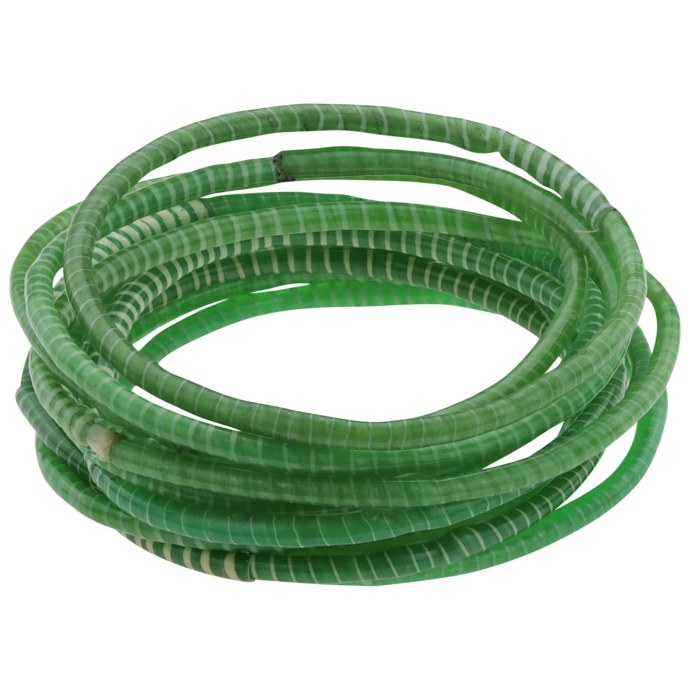 Coiled green flexible tubing with ribbed texture and white stripes in a colors of mali recycled bracelet product