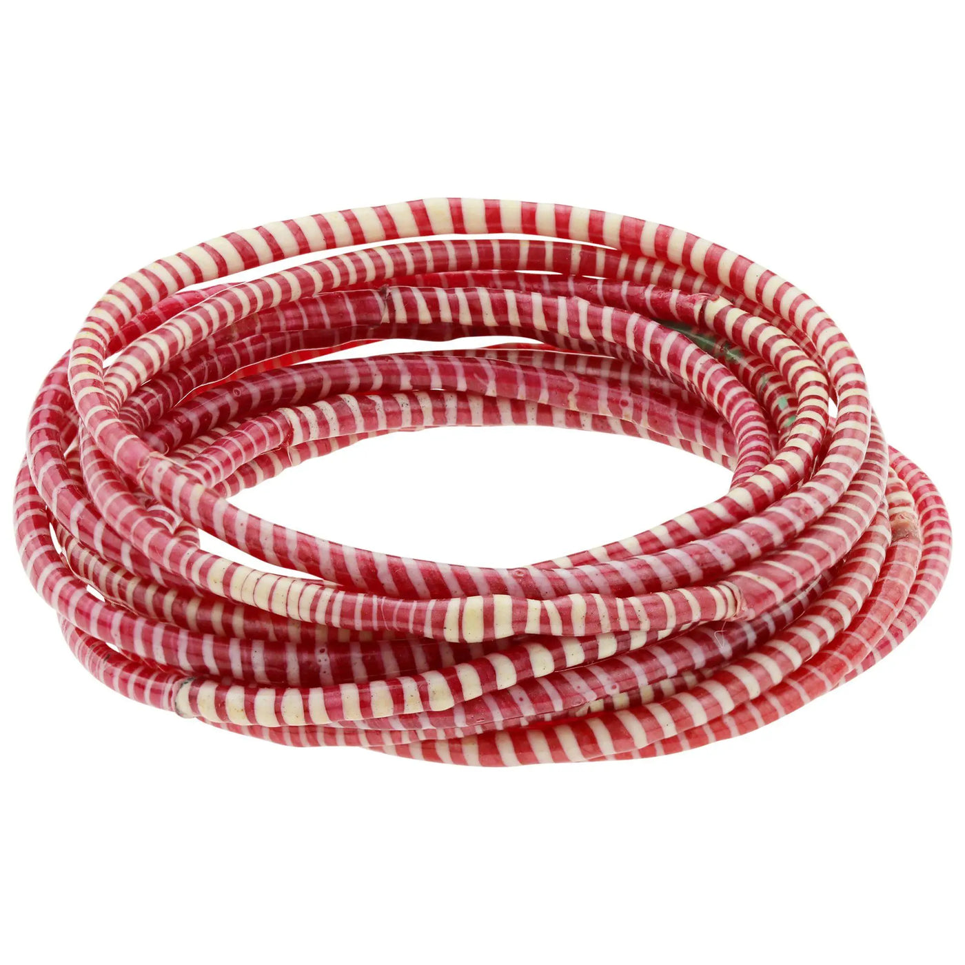 A coiled colors of mali recycled bracelet made of red and white striped glass or resin beads