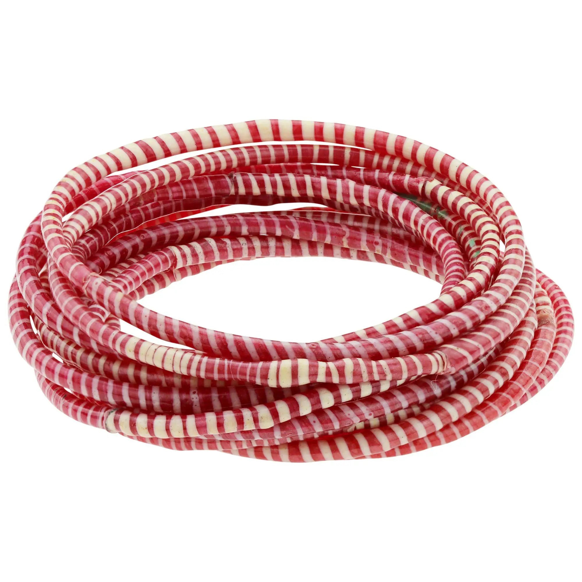 A coiled colors of mali recycled bracelet made of red and white striped glass or resin beads