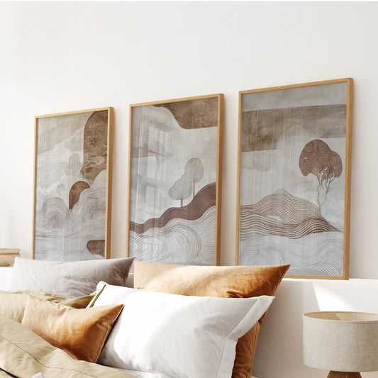 Wabi Sabi Line Art Set of 3 Prints. Earth Tones Landscape