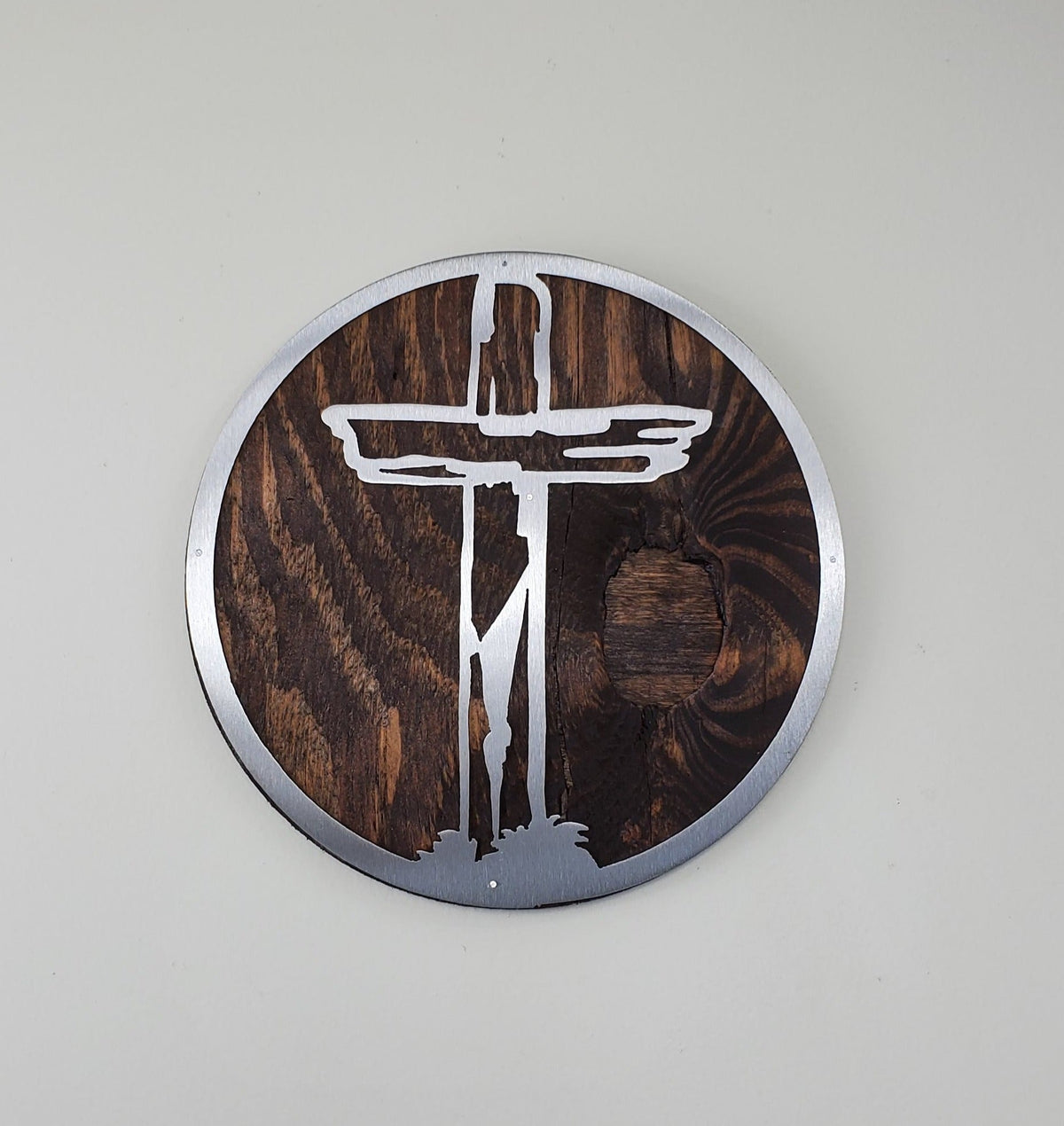Distressed Cross Circle | Metal Art on Wood | Made in USA