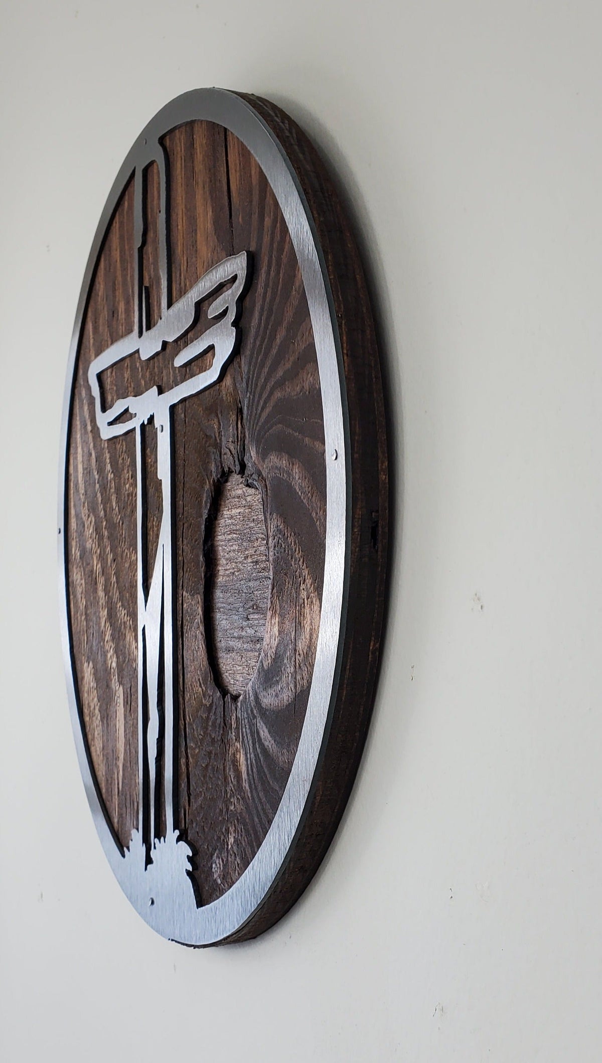 Distressed Cross Circle | Metal Art on Wood | Made in USA