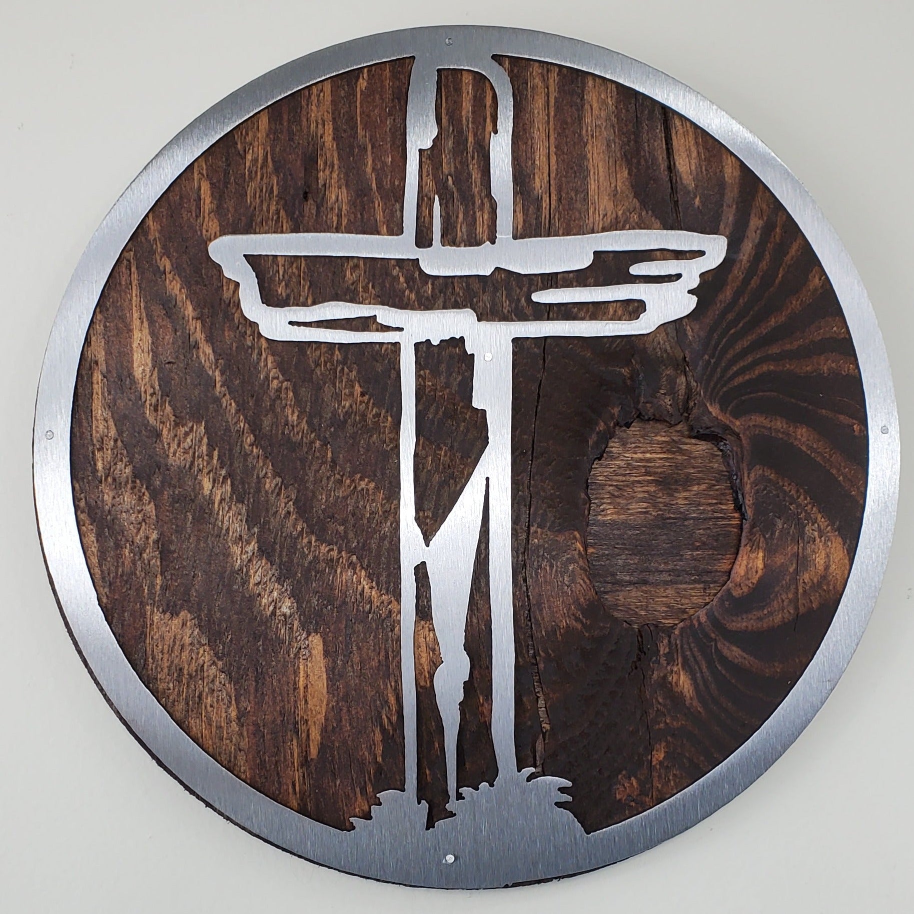 Distressed Cross Circle | Metal Art on Wood | Made in USA