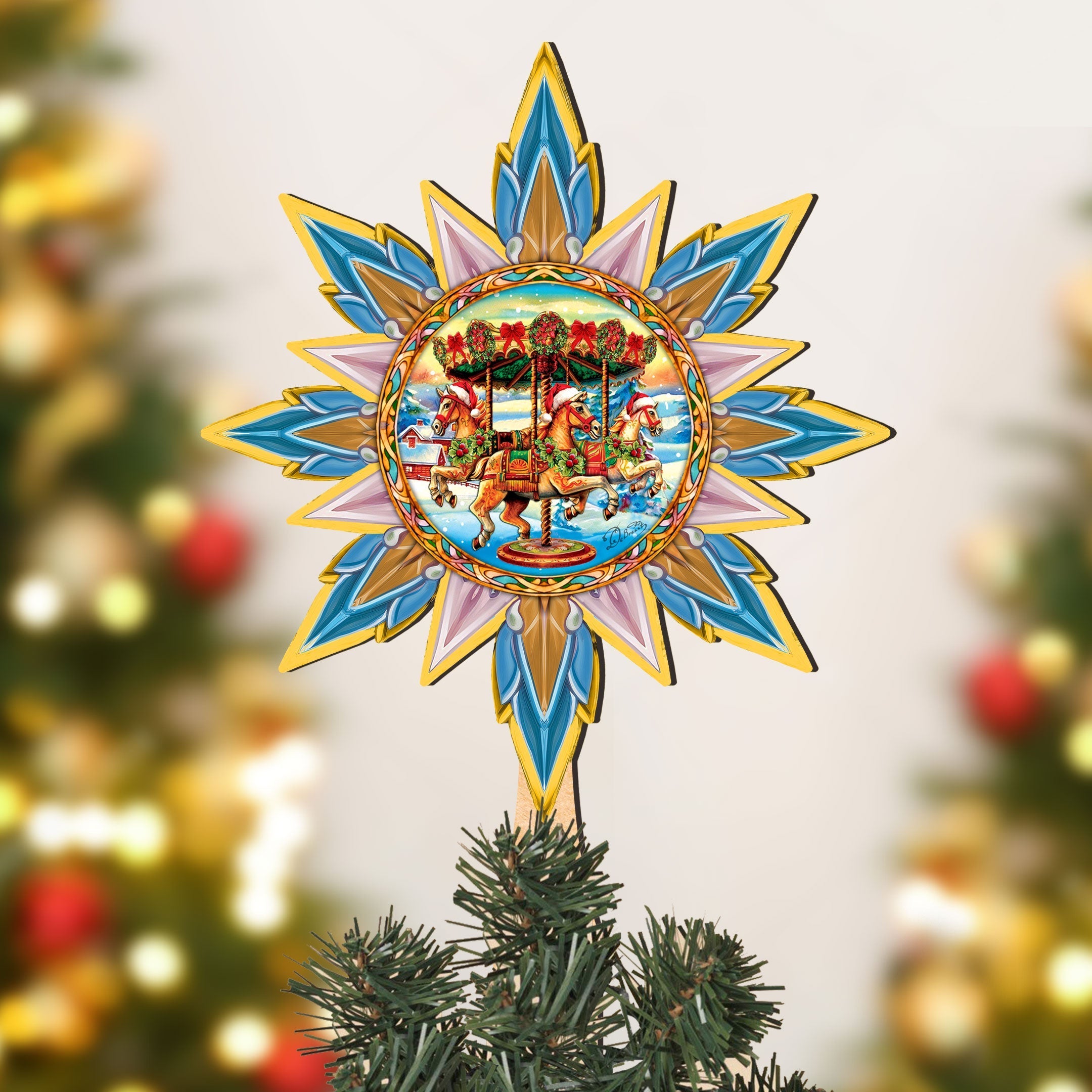 Christmas Carousel Star Tree Topper Wooden Decor by G. Debrekht - Carousel Holiday Decor - 89506