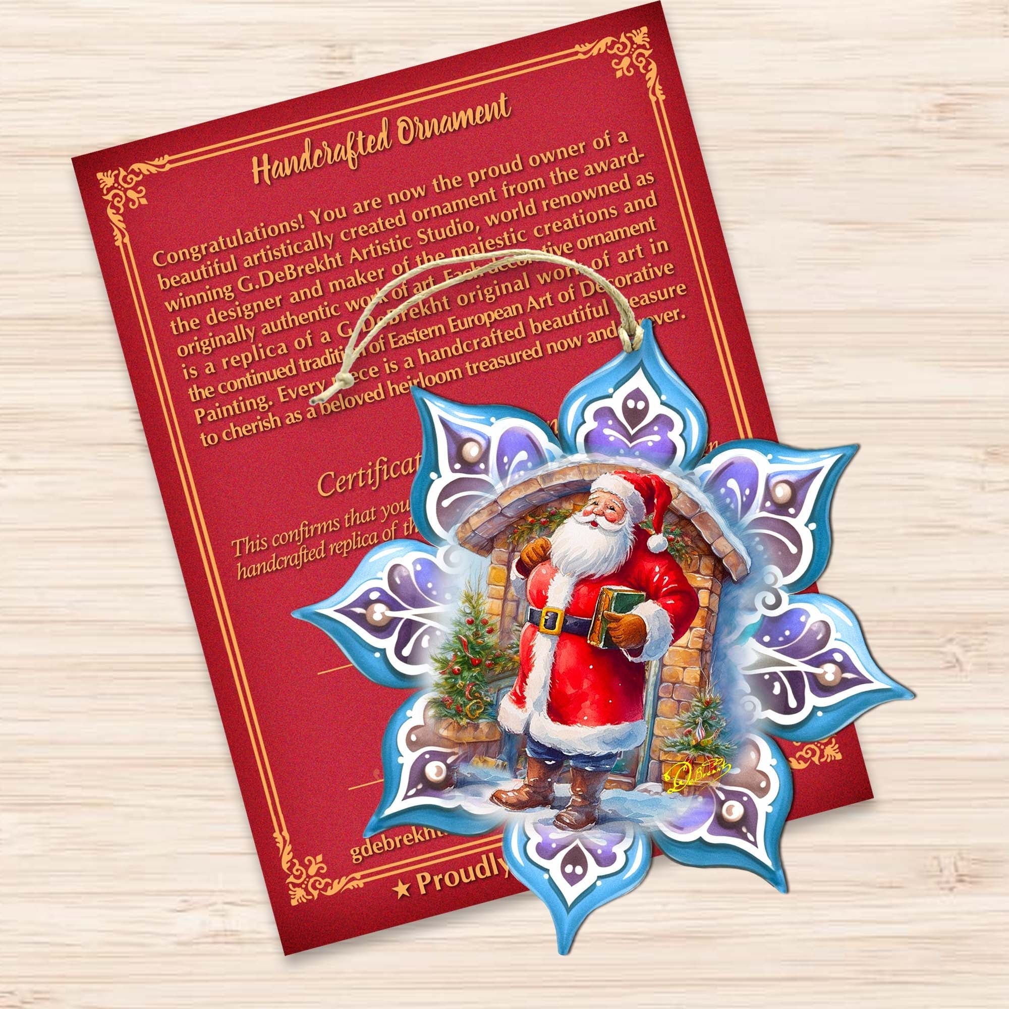 Santa with Book Snowflake Wooden Ornaments by G. Debrekht - Christmas Santa Snowman Decor - 8688420
