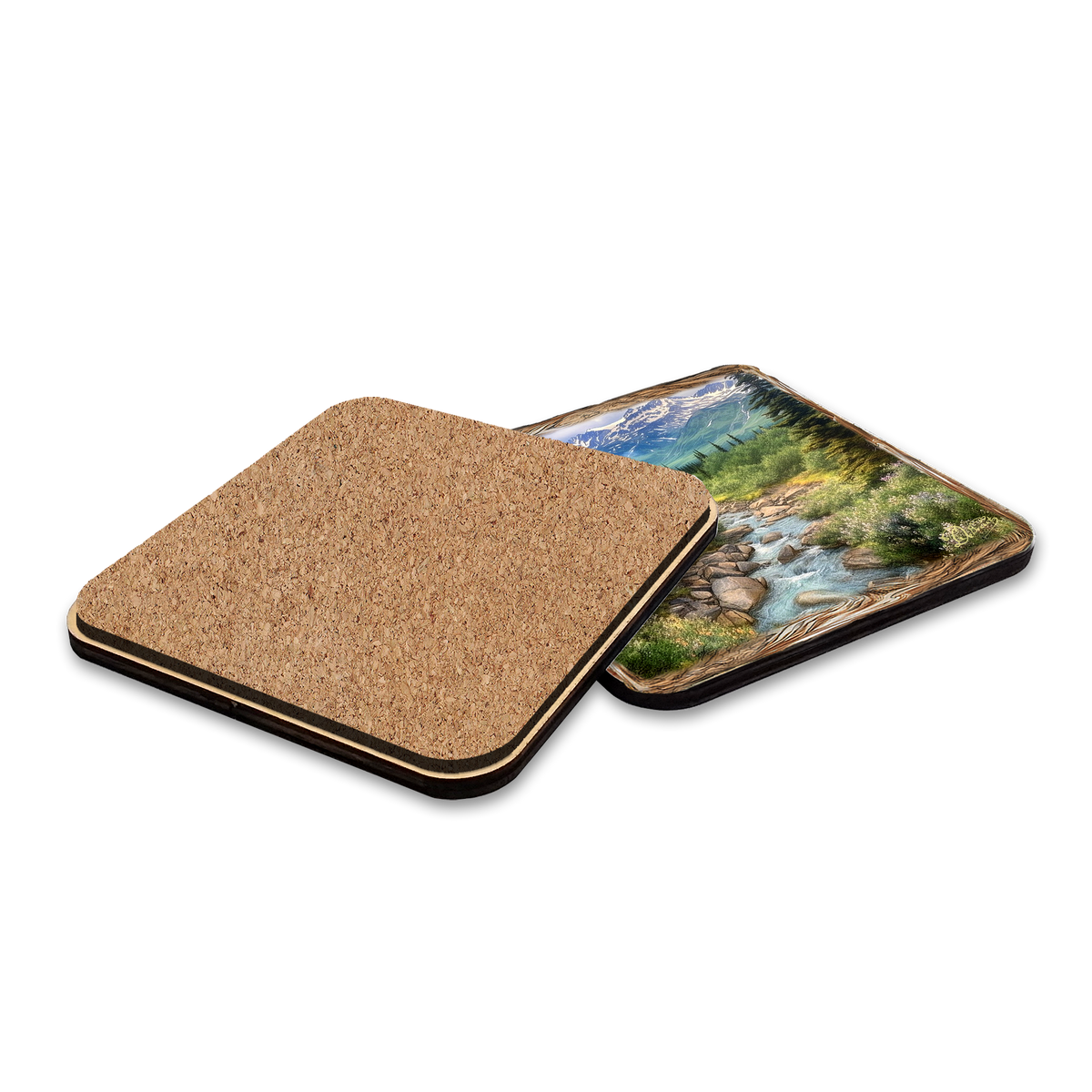 Mountain River Wooden Cork Placemat and Coasters Gift Set of 7 by Nature Wonders Nature Wildlife Decor  - 85407C-S7