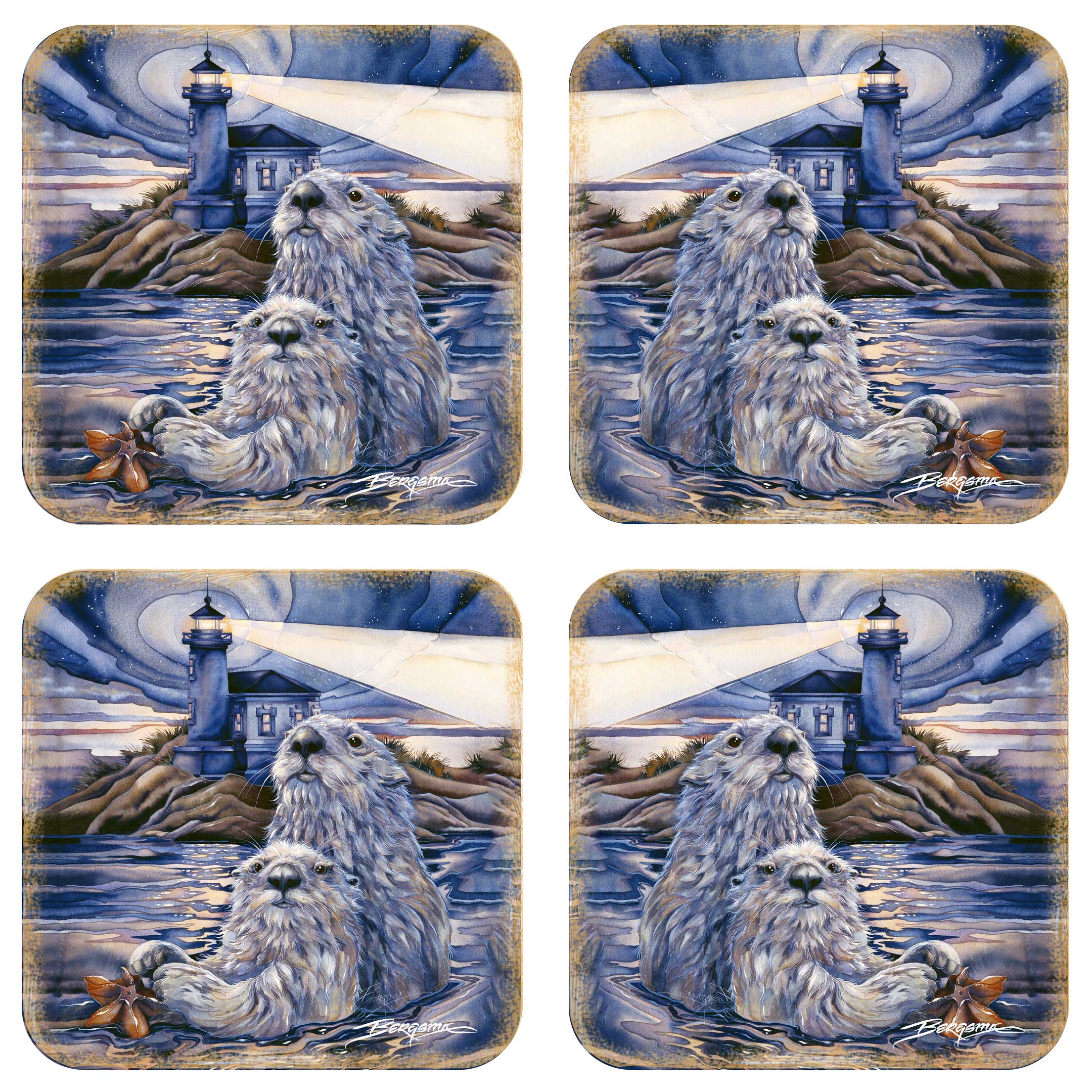 Starlight Otters Wooden Cork Coasters Gift Set of 4 by J. Bergsma - Wildlife Decor  - 8199473C-S4