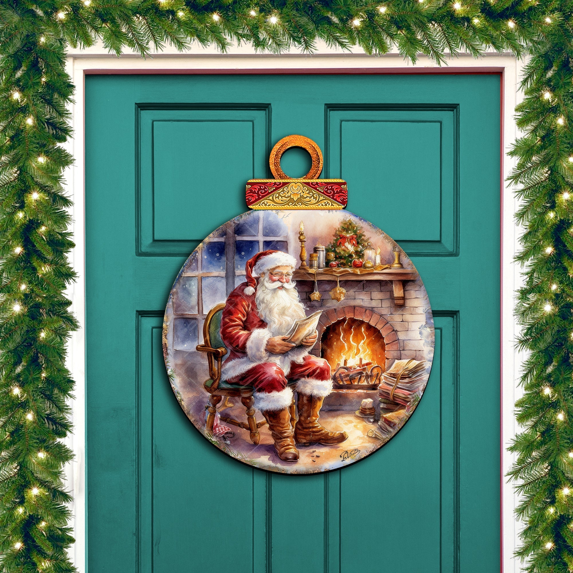 Santa at the Fireplace Holiday Door Decor by G. Debrekht - Christmas Santa Snowman Decor - 8611089H