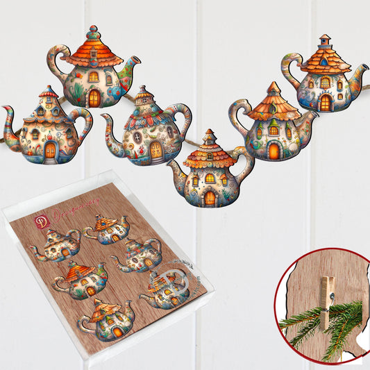 Teapots Clip-On Eco Wood Decorative Ornaments Set of 6 by G. Debrekht - Love Family Decor - 8090072C-S6