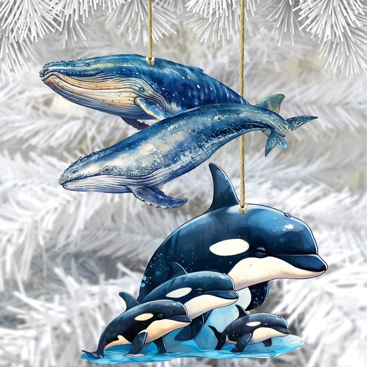 Alaskan Whale and Orca Eco Wood Ornaments Set of 2 by G. Debrekht - Wildlife Holiday Decor - 8091323S2