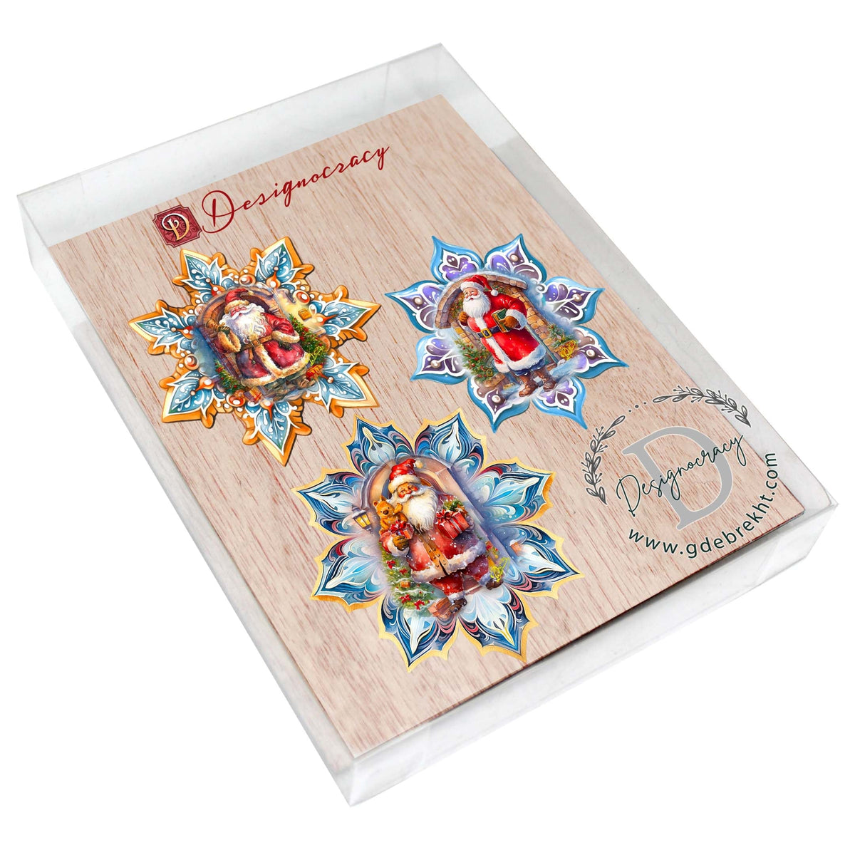 Santa's Greetings Snowflake Eco Wood Ornaments Set of 3 by G. Debrekht - Christmas Decor - 8090147-S3
