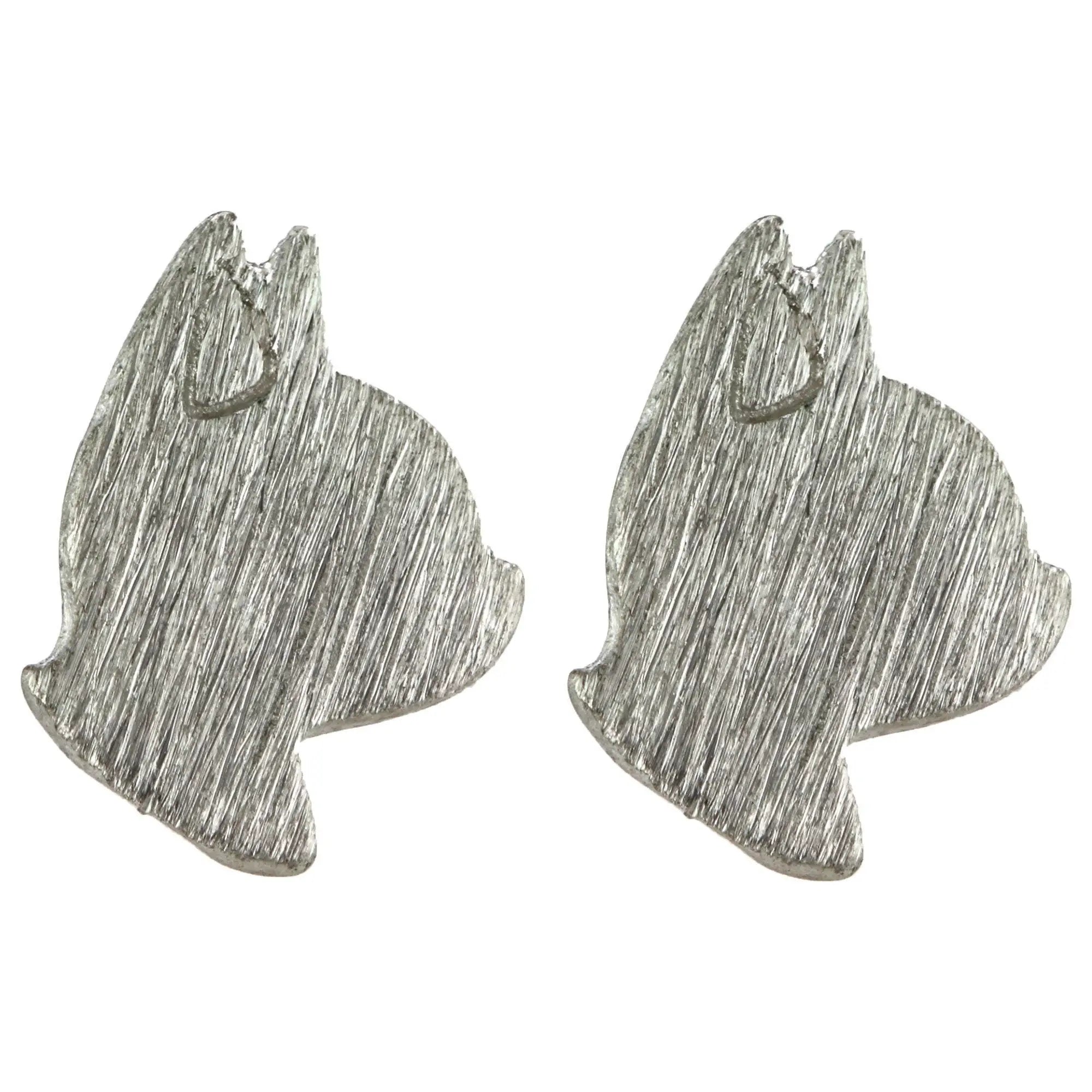 Silver dainty kitty cat stud earrings with brushed metallic finish and textured surface
