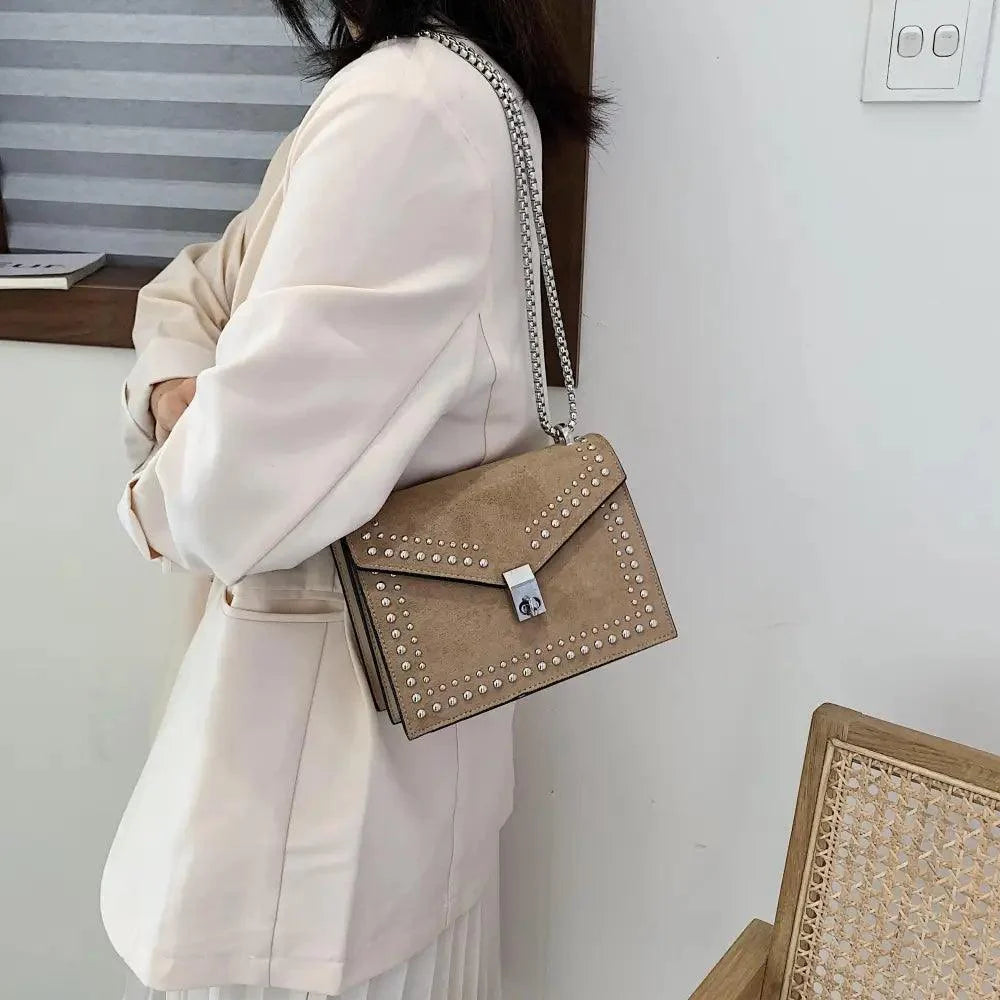 Dazzling Scrub Leather Designer Shoulder Bags For Women And Girls Luxury Chain Rivet Crossbody Bag - Female Small Handbags