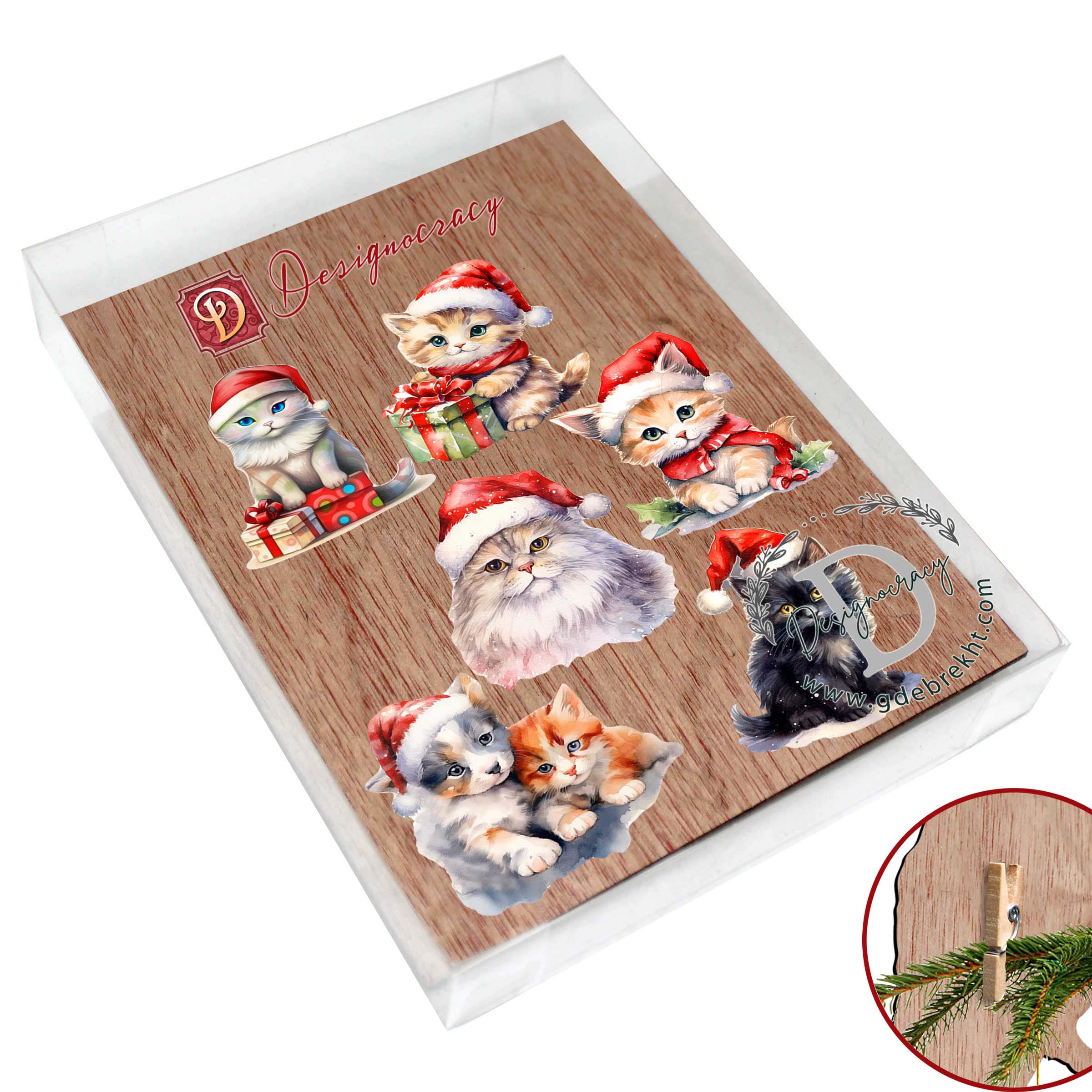 Christmas Cats Clip-On Eco Wood Decorative Ornaments Set of 6 by G. Debrekht - Christmas Decor - 8090016C-S6