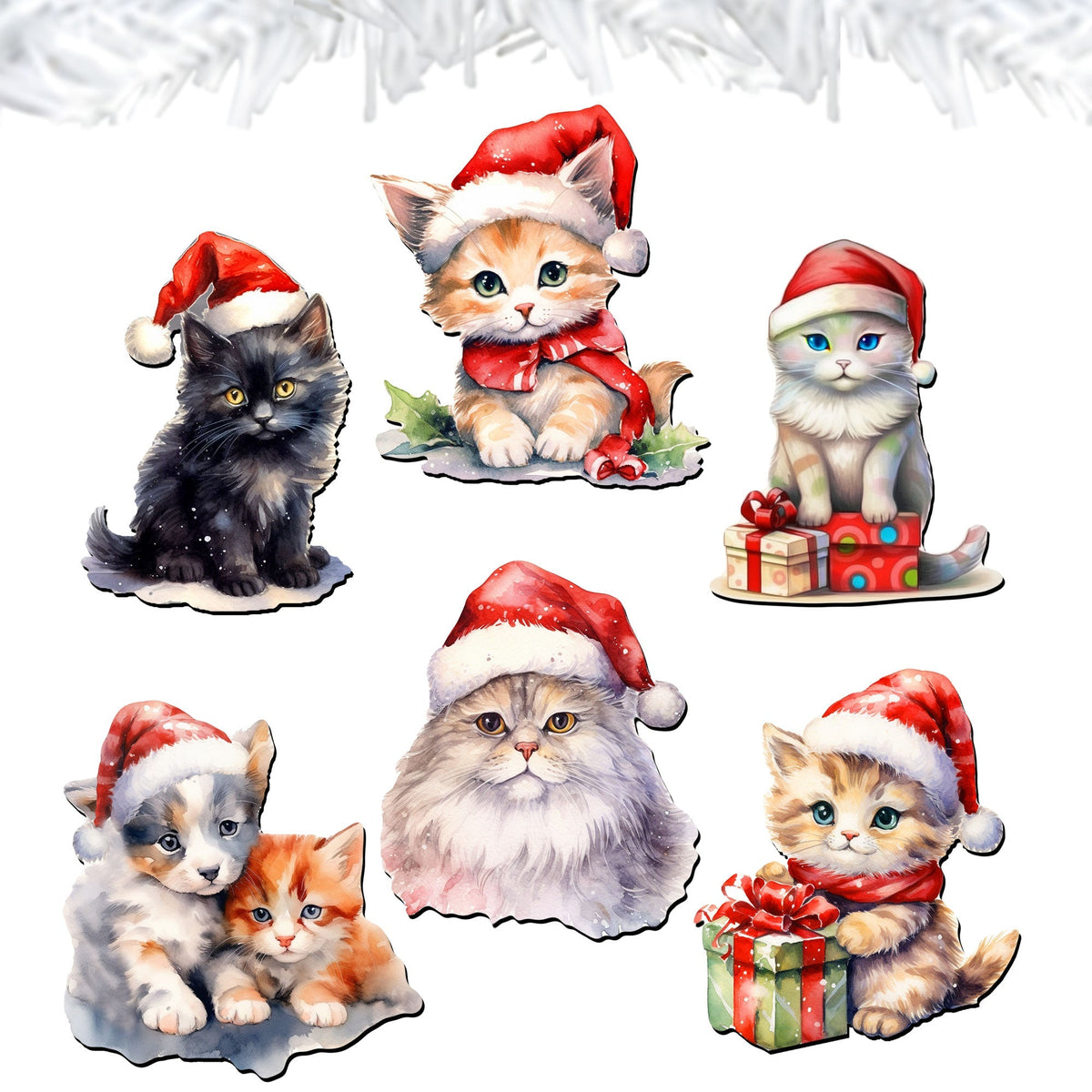 Christmas Cats Clip-On Eco Wood Decorative Ornaments Set of 6 by G. Debrekht - Christmas Decor - 8090016C-S6