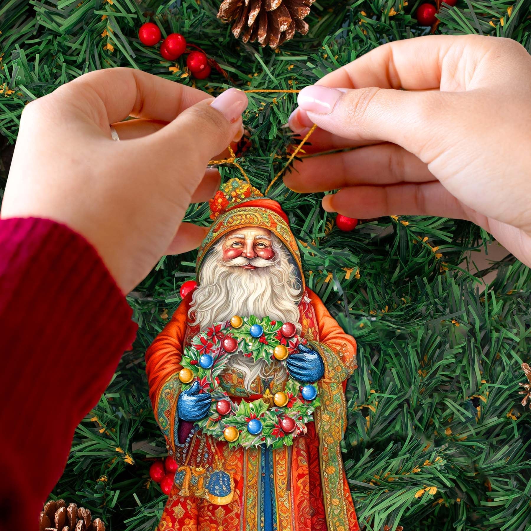 Santa's Wreath of Joy Wooden Ornaments by G. Debrekht - Christmas Santa Snowman Decor - 8691402