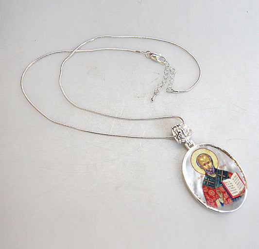 Saint Nicholas Silver Plated Mother of Pearl Necklace - 43021