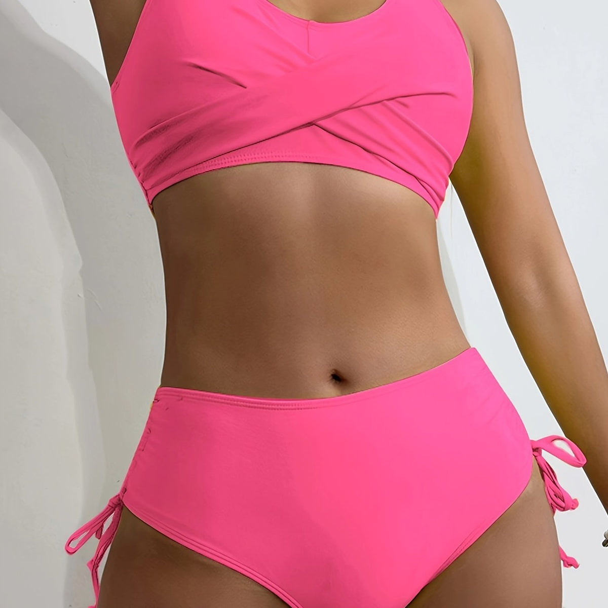 Bikini Twist Front V Neck High Waist 2 Piece Bikini Set for Women – Stretchy Tie Back Swimsuit with Drawstring Lace Up and Comfortable Fit – Trendy Solid Color Swimwear for Beach Days Pool Parties and Summer Vacations