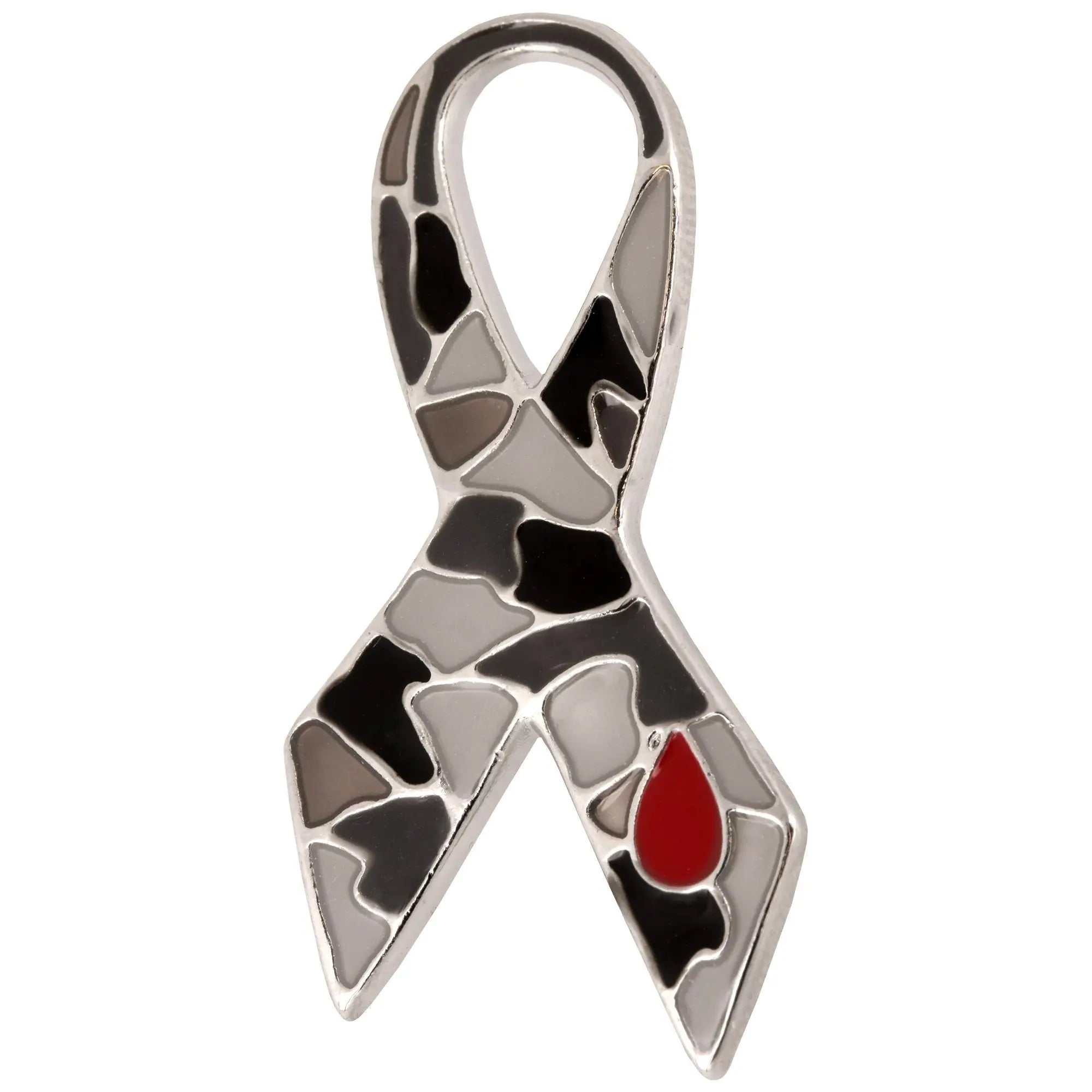 Silver enamel diabetes army pin with mosaic black gray white pattern and small red drop at bottom