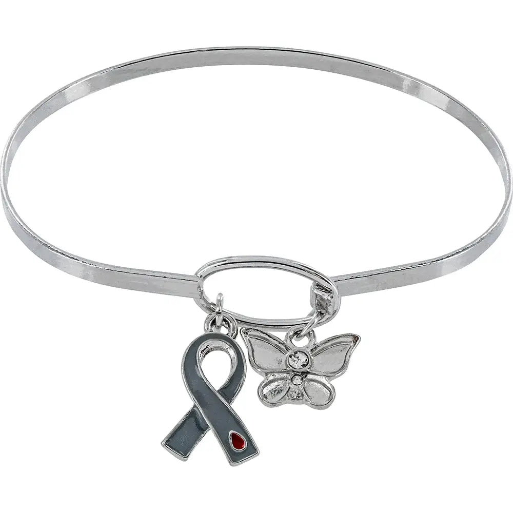 Silver-toned expandable bangle diabetes awareness bracelet with gray ribbon charm and crystal butterfly pendant