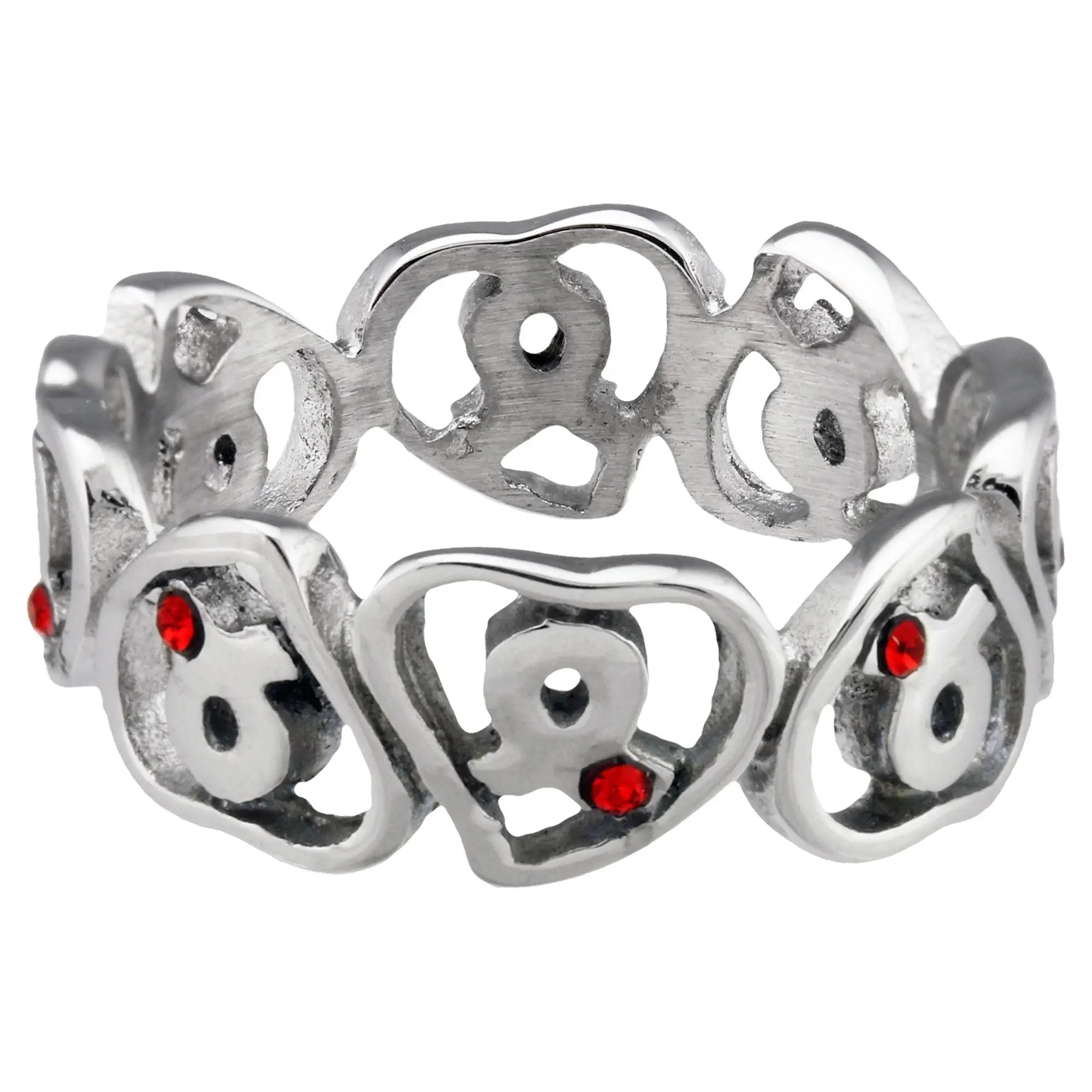 Silver stainless steel diabetes awareness hearts ring with intricate skull design and red gemstone eyes