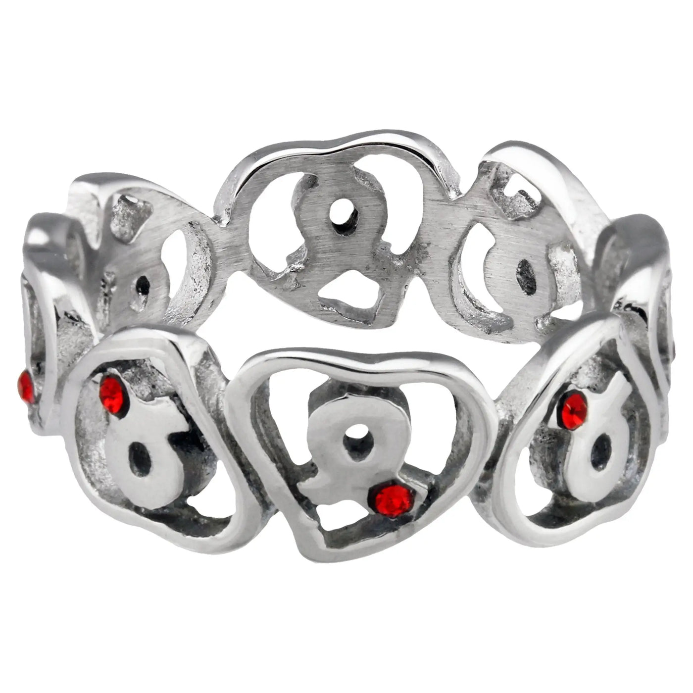 Silver stainless steel diabetes awareness hearts ring with intricate skull design and red gemstone eyes