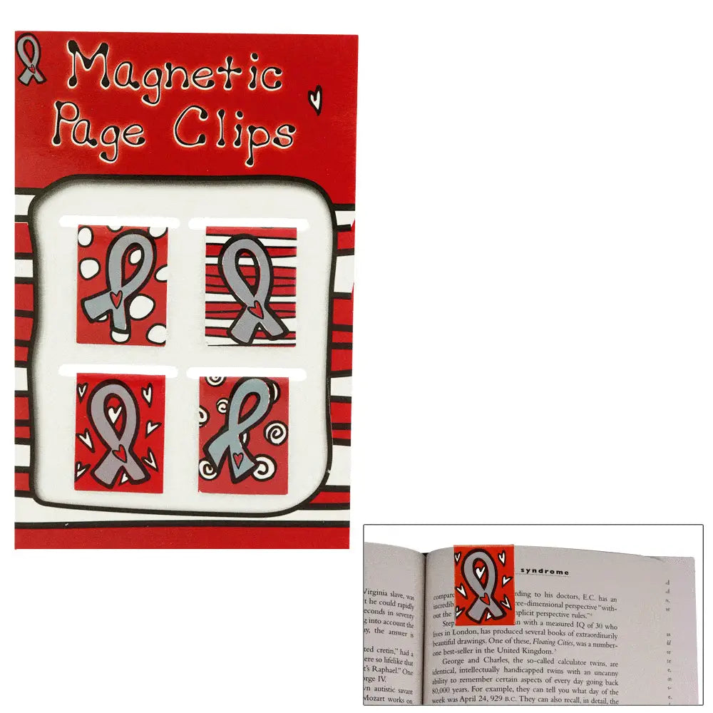 Diabetes awareness magnetic book clips set of 4 in red and white with gray ribbon designs and heart accents