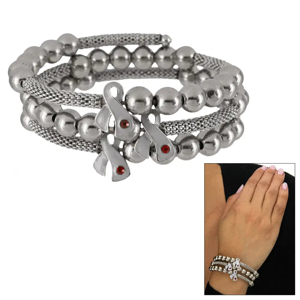 Silver diabetes awareness wire wrap bracelet with multi-strand mesh, spherical beads, and red gemstone ribbon charms