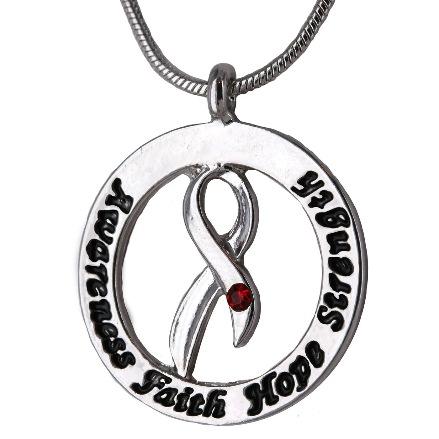 Silver circular pendant necklace with red gemstone and engraved diabetes awareness words of inspiration design
