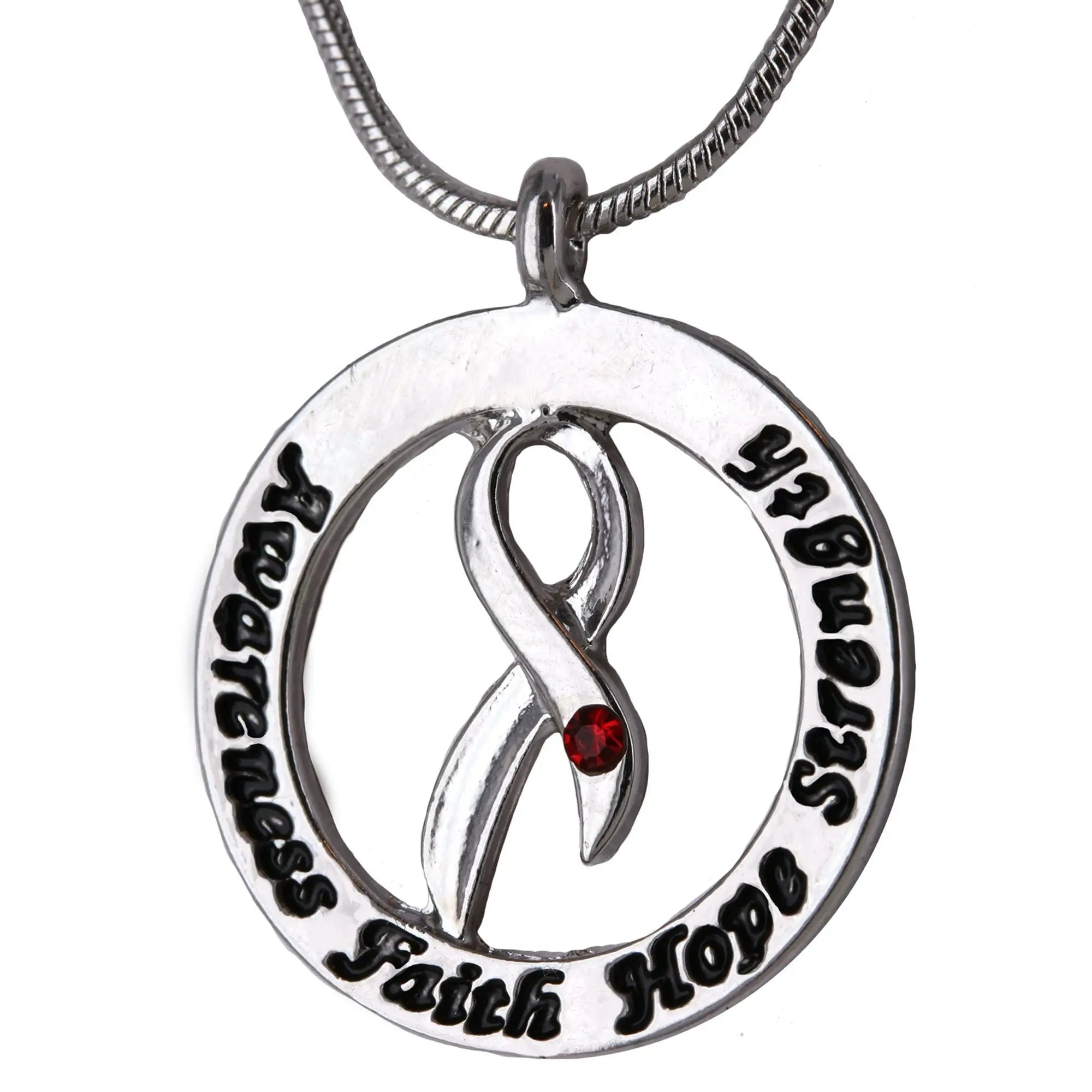 Silver circular pendant necklace with red gemstone and engraved diabetes awareness words of inspiration design