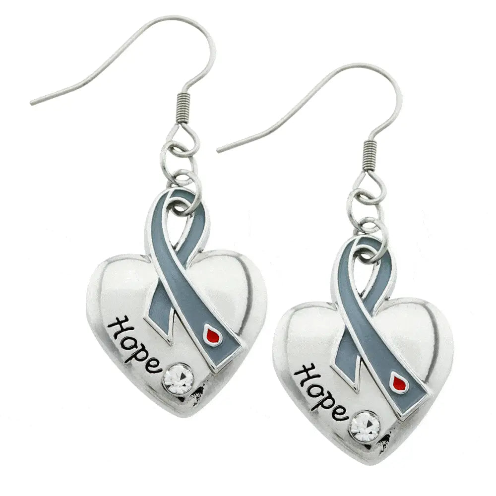Silver heart-shaped diabetes ribbon earrings with light blue and red accents and hope engraving with rhinestones