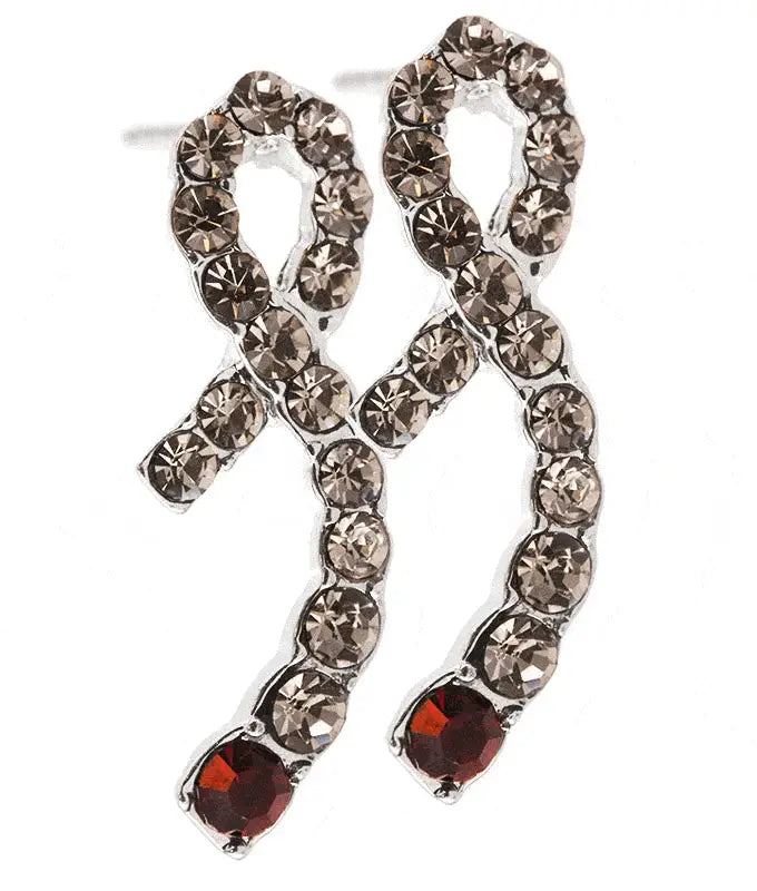 Silver-toned diabetes ribbon journey earrings with sparkling brown crystals and a deep red gemstone accent